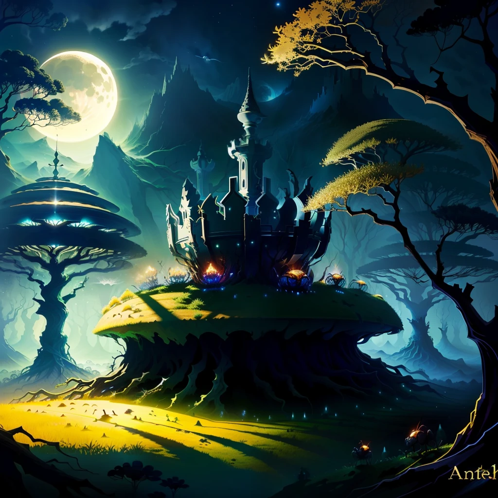 broken crown anthill, Ants, insects, moonlight, forest, fantasy