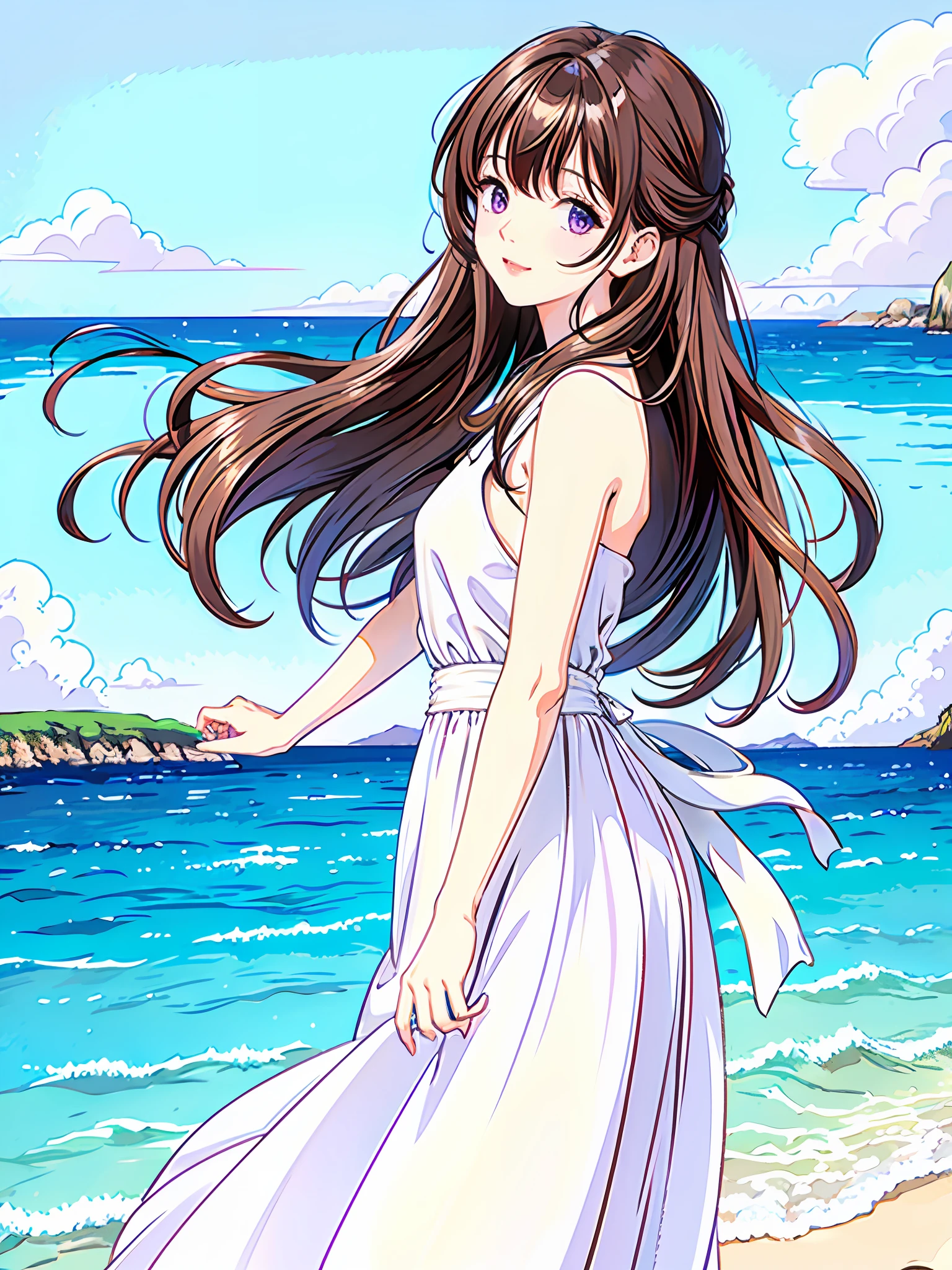 1girl, high resolution, high quality, masterpiece, mxmk_whitedress, purple eyes, white dress, beach, long hair, sea