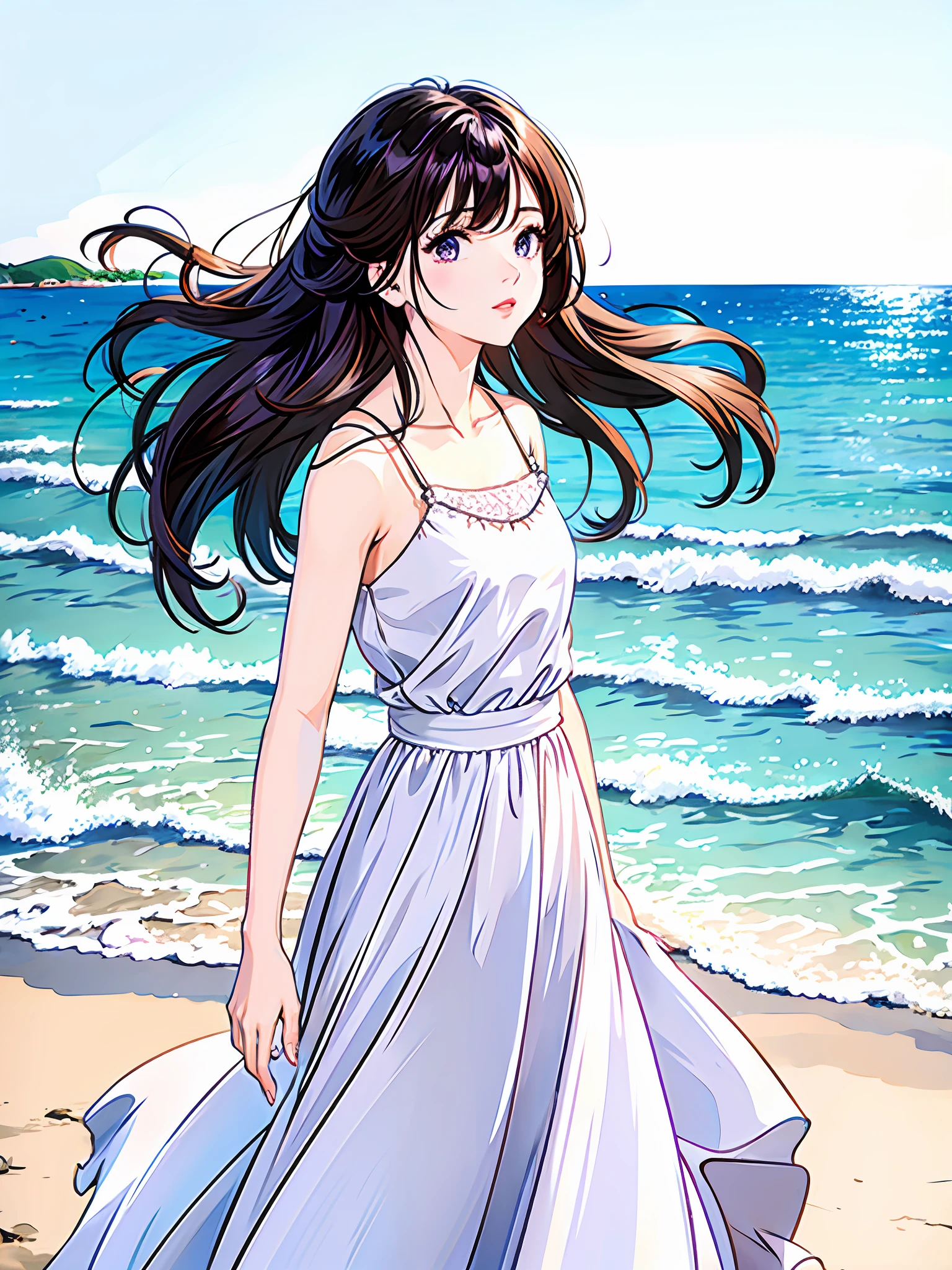 1girl, high resolution, high quality, masterpiece, mxmk_whitedress, purple eyes, white dress, beach, long hair, sea