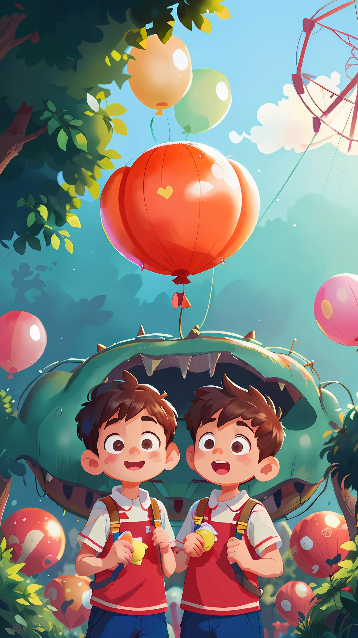 Two boys, amusement park, holding balloons, happy, happy, perfect quality, clear focus (clutter - home: 0.8), (masterpiece: 1.2) (Realistic: 1.2) (Bokeh) (Best quality) (Detailed skin: 1.3) (Intricate details) (8K) (Detail Eyes) (Sharp Focus), (Happy)