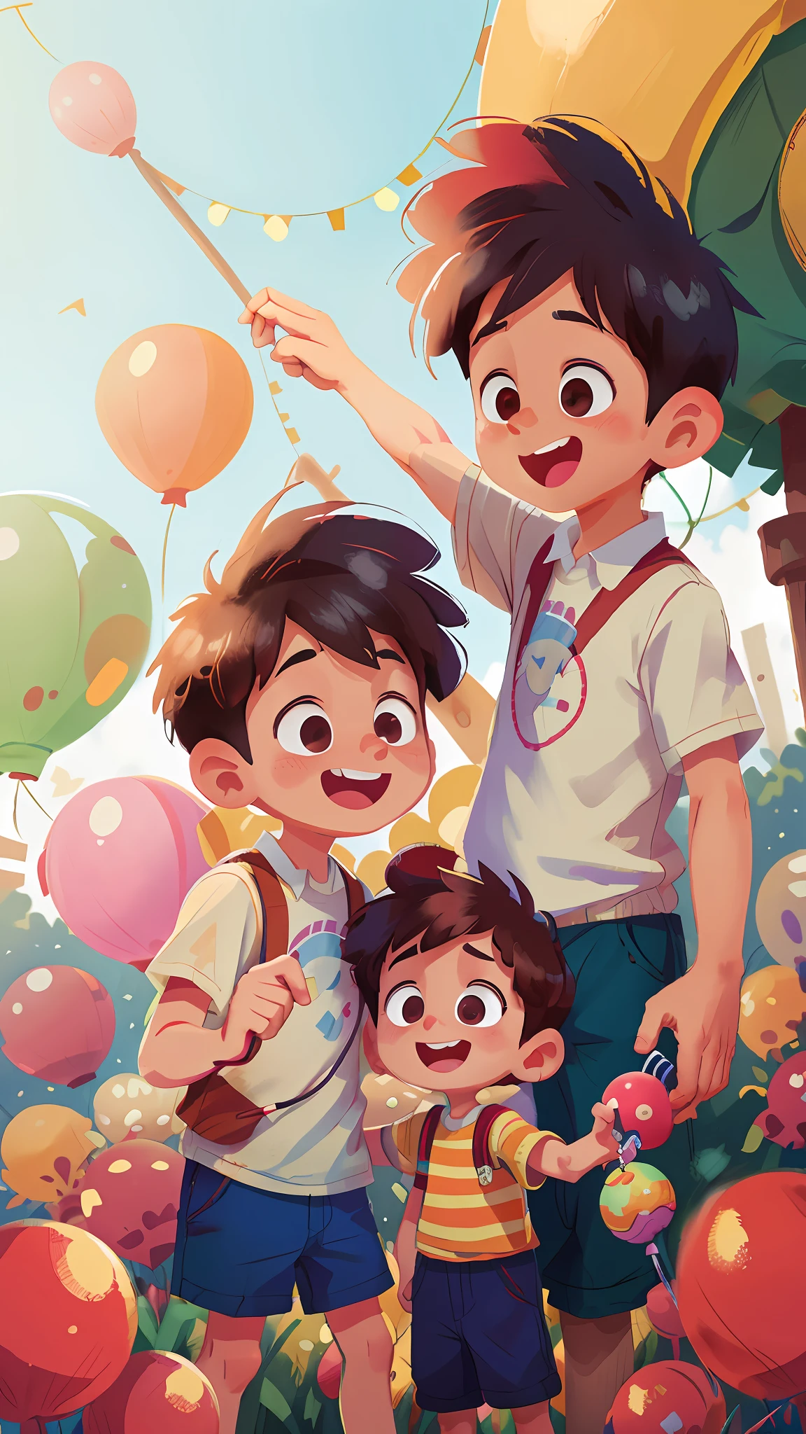 Two boys, amusement park, holding balloons, happy, happy, perfect quality, clear focus (clutter - home: 0.8), (masterpiece: 1.2) (Realistic: 1.2) (Bokeh) (Best quality) (Detailed skin: 1.3) (Intricate details) (8K) (Detail Eyes) (Sharp Focus), (Happy)