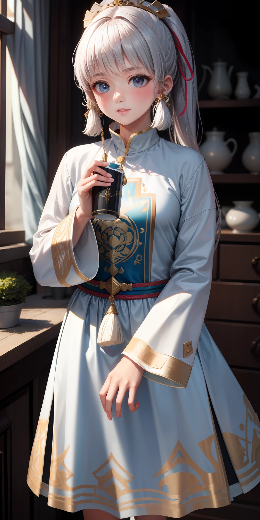 (((Masterpiece)), highest quality, white tunic, blush