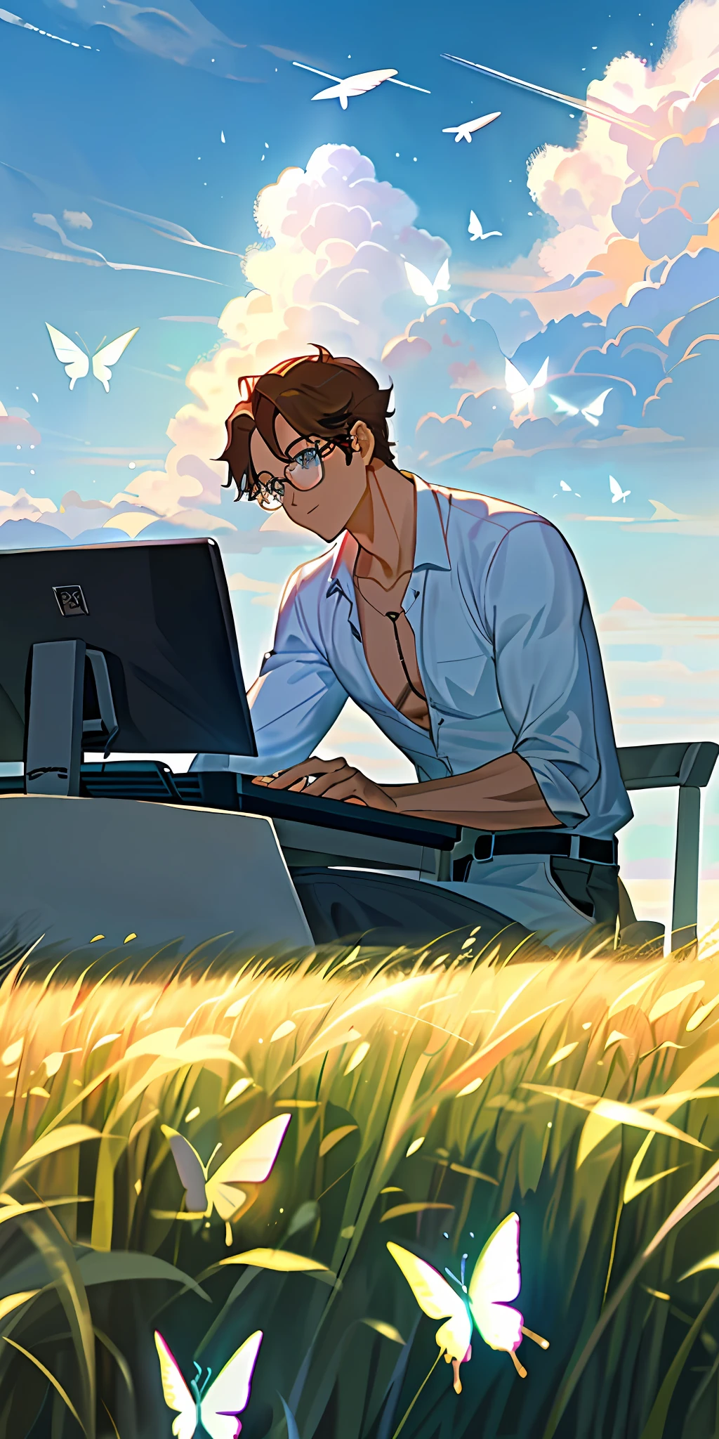 (masterpiece, best quality), 1man, working on computer, in a field, sun, clouds, blue sky, eyeglasses, white open shirt, visible chest, muscular, butterflies passing by, airplane in sky