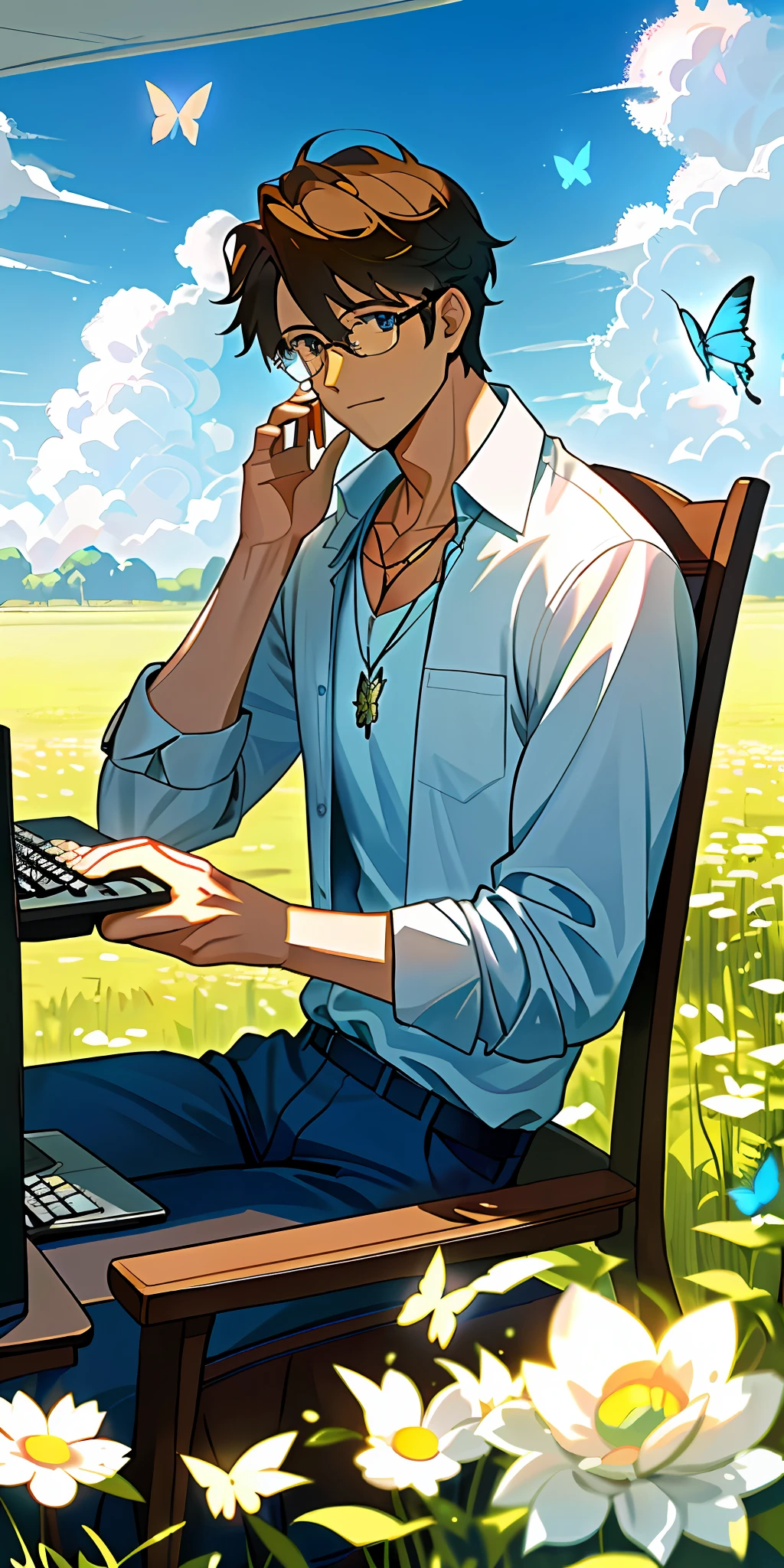 (masterpiece, best quality), 1man, working on computer, in a field, sitting on chair, sun, clouds, blue sky, eyeglasses, white open shirt, visible chest, muscular, butterflies passing by, stone pendant necklace