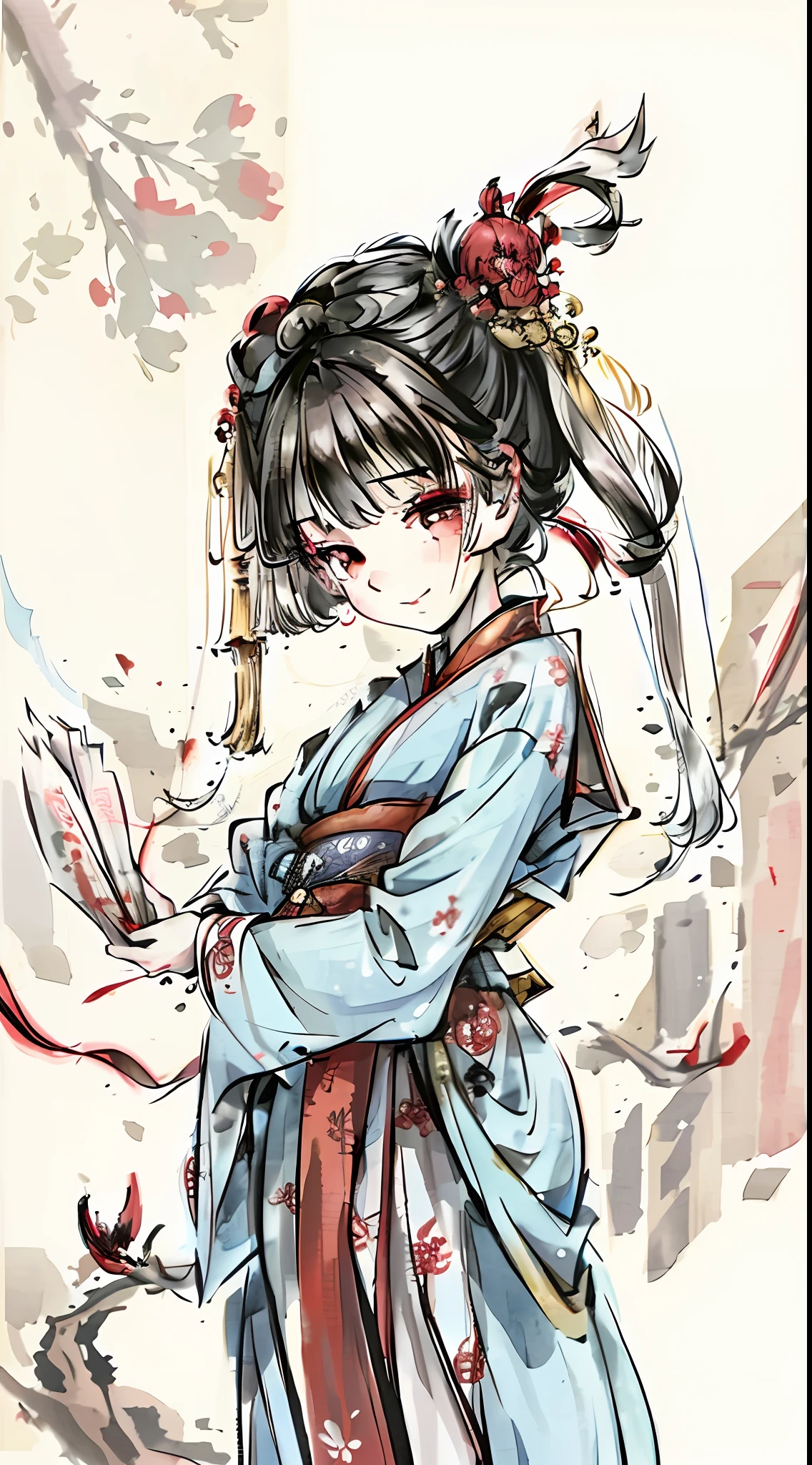 Design a ren's day poster with traditional Chinese elements. The main focus should be an adorable childing a traditional Hanfu (Chinese clothing) with a bright smile. Surround the child withant traditional paper-cut art, such as auspicious characters, animals, or flowers. In the background, depict traditional Chinese architecture like palaces or courtyard houses in soft colors. Add traditional decorations like red lanterns, fans, and paper cranes around the poster. Incorporate traditional Chinese patterns at the top or bottom, such as cloud motifs, longevity characters, or festive flowers.
