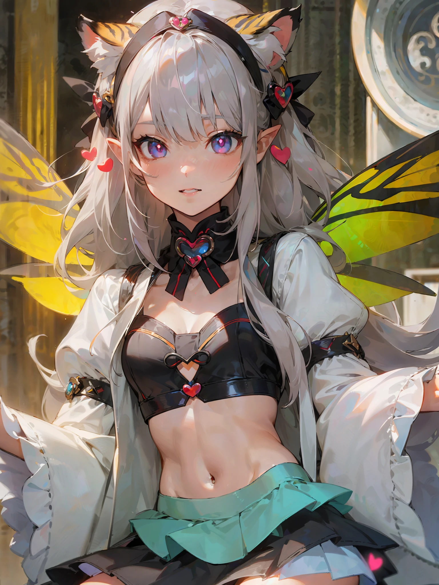 ((Masterpiece, Excellent)), 1girl, (: 1.4), 130mm f1.4 lens, 1girl, solo, pointed ears, heart-shaped pupils, microskirt, looking down, fairy girl, flat chest, fairy wing, saturated, gray hair, white hair, colorful eyes, tiger teeth