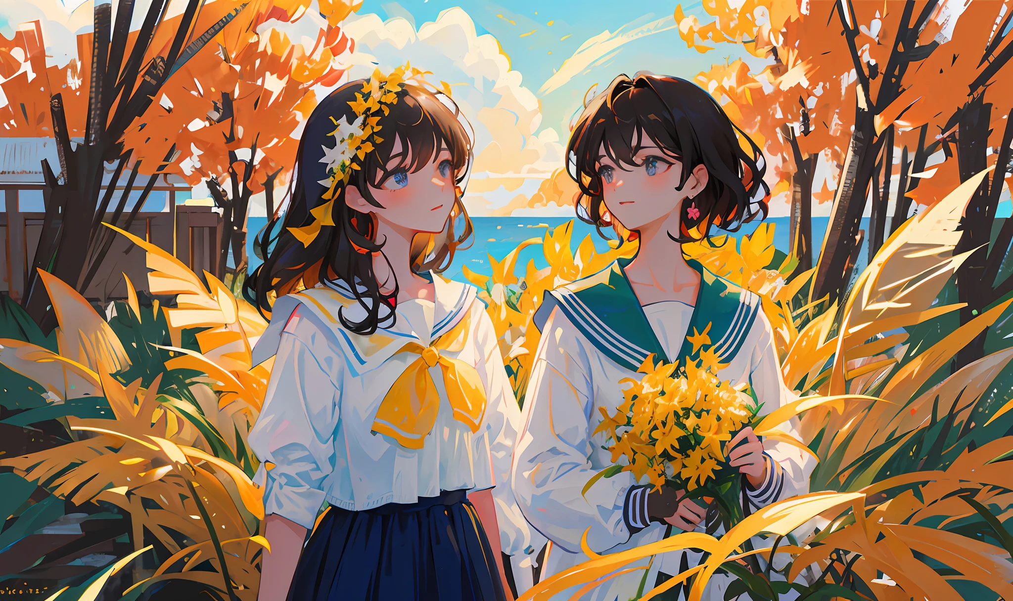 Masterpiece, hyperdetail, side light, (((intricate_details))), beautiful details, colorful, high resolution, 1girl, very_wide_shot, dark hair, eyes, detailed beautiful eyes, earrings, ((c-curl hair)), small dust, ((breeze)), wind, summer, flowers on branches, summer school uniform, (blurred background), sunlight, cleavage, high school students, high school students,