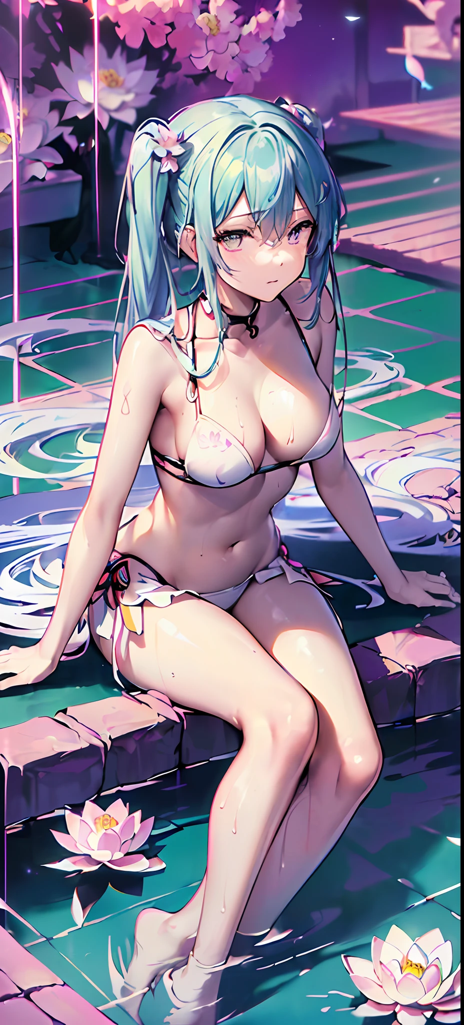 (art by yaguru magiku, (001glitch-core, dreamcore), 8sconception, anime-background-style-v2, Super Quality, Vaporwave, Synth Wave, weirdcore, dreamy, full body, (core background:1.25),
Visual effects:movie lights, red, blue, green, yellow, black, white, pink, purple, cowboy shot, bra, topless, miku,
((colorful)), ink and wash painting, delicate and beautiful girl, ((illustration)), ((floating hair)), ((chromatic aberration)),
(sitting in pool with lotus flower:1.1),(barefoot:1.0), chinese style garden :1.0, wet,
((art of paper-cut)),china ,Red and white, PAPER-CUT, calligraphy, (Flower, insect and fish),