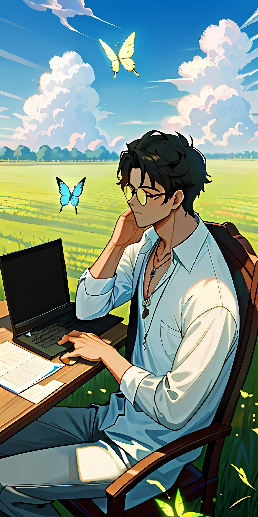 (masterpiece, best quality), 1man, working on computer, in a field, sitting on chair, sun, clouds, blue sky, eyeglasses, white open blouse, visible chest, muscular,  butterflies passing by, stone pendant necklace