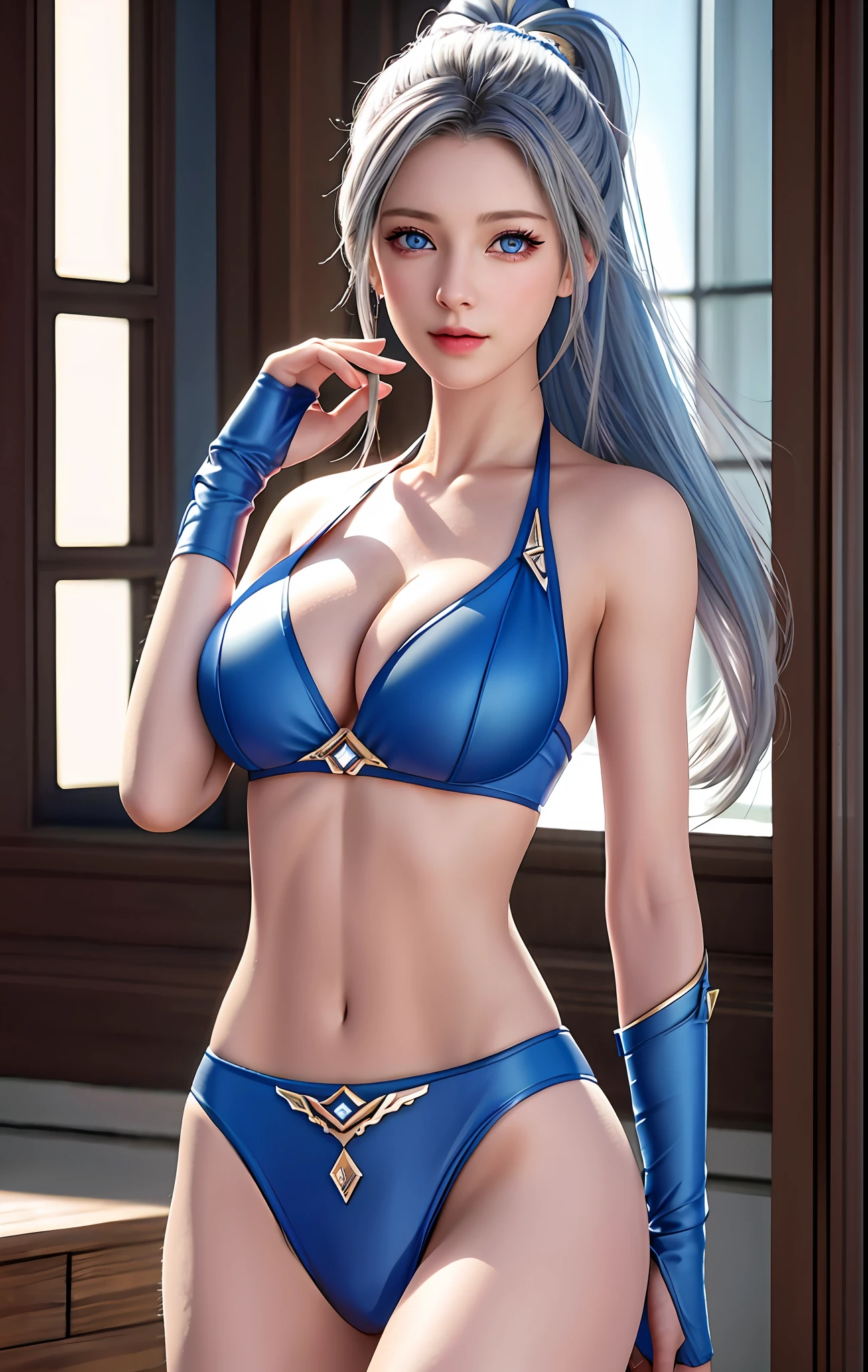 best quality, masterpiece, high_res, 1girl, beautiful face, (blue eyes), (gray hair), (photo photo-realistic:1.3), edge lighting, (high detail skin:1.2), 8k ultra hd, dslr camera, high quality, high resolution, 4k, 8k, bokeh, big breasts, ridiculous, ponytail, best ratio of four fingers and one thumb, (reality: 1.2), arm up, microbial bikini.