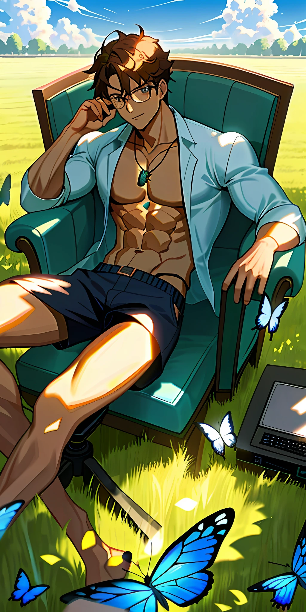 (masterpiece, best quality), 1man, working on computer, in a field, sitting on chair, sun, clouds, blue sky, eyeglasses, shirtless , visible chest and abs, muscular, butterflies passing by, stone pendant necklace, smart, sharp looks