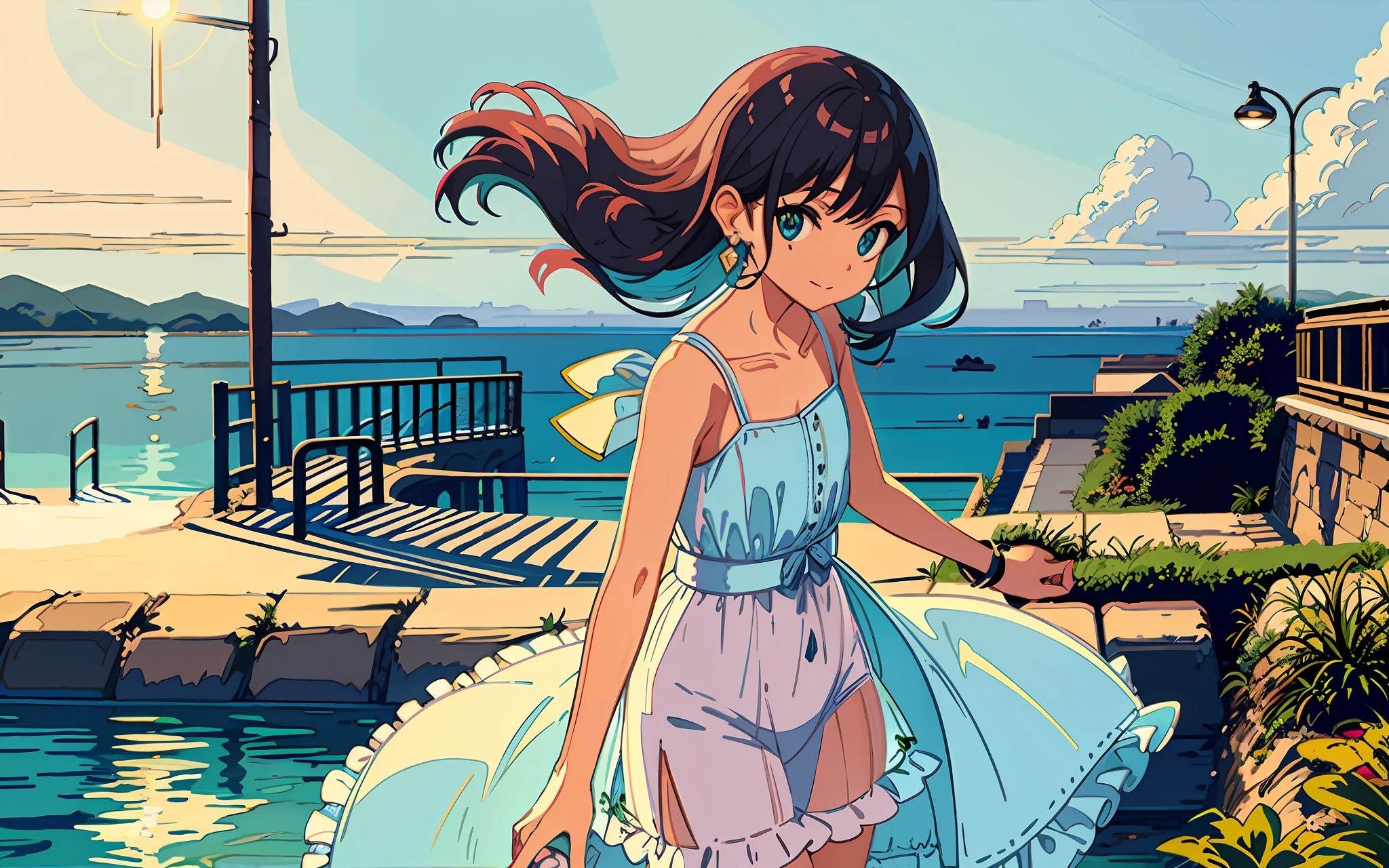 Very detailed CG unified 8k wallpaper, ((masterpiece)), (lighting), (best quality), (illustration), detailed hair, street, pole, (ligne claire: 1.3), close-up, ruins, water, depth of field, (lens flare), floating colored water, ((detailed cloudy sky)), (bus stop), (ocean), seaside road, railing, ruins, moss, floating rain, stream, wilderness, small dust, ((breeze)), wind, summer, (blurred background), ruins, Stations, abandoned roadside stations, water, partially_submerged, falling petals, ((1girl), delicate black hair, eyes, delicate beautiful eyes, earrings, ((c-curl hair), student uniform white cocktail dress dress, satin, translucent,