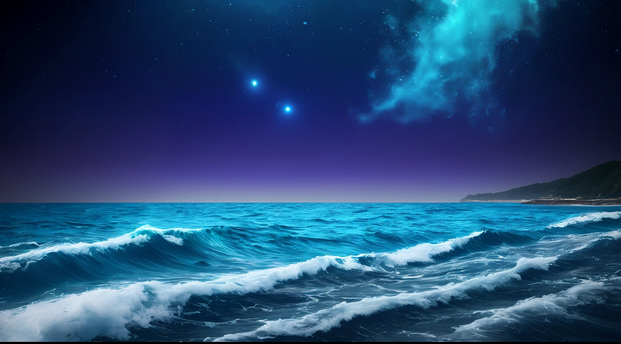 smooth rolling waves of (blue ocean) on earth, beautiful transparent water, night, gigantic fish jumps from the waves, blotches of irridescent plankton in water, glittering shiny water spray, background is deep purple sky dotted with stars, unknown constellations in the sky, (multiple moons of random colour:1.2), glowing horizon, masterpiece, best quality, detailed 4k wallpaper, award winning art, Bokeh, Depth of Field, HDR, bloom, Chromatic Aberration, extremely detailed, trending on artstation, trending on CGsociety, dramatic