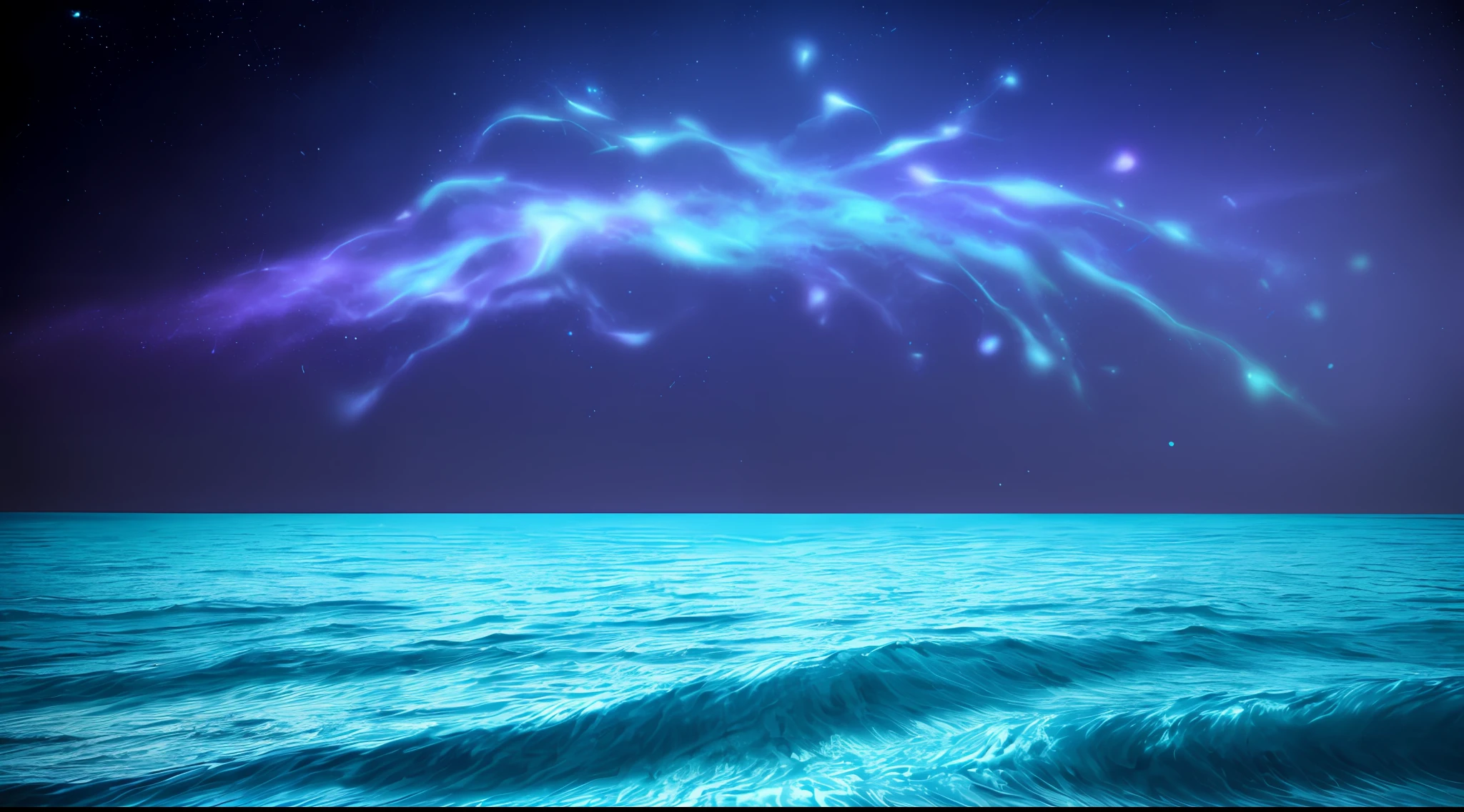 smooth rolling waves of (blue ocean) on earth, beautiful transparent water, night, gigantic fish jumps from the waves, blotches of irridescent plankton in water, glittering shiny water spray, background is deep purple sky dotted with stars, unknown constellations in the sky, (multiple moons of random colour:1.2), glowing horizon, masterpiece, best quality, detailed 4k wallpaper, award winning art, Bokeh, Depth of Field, HDR, bloom, Chromatic Aberration, extremely detailed, trending on artstation, trending on CGsociety, dramatic