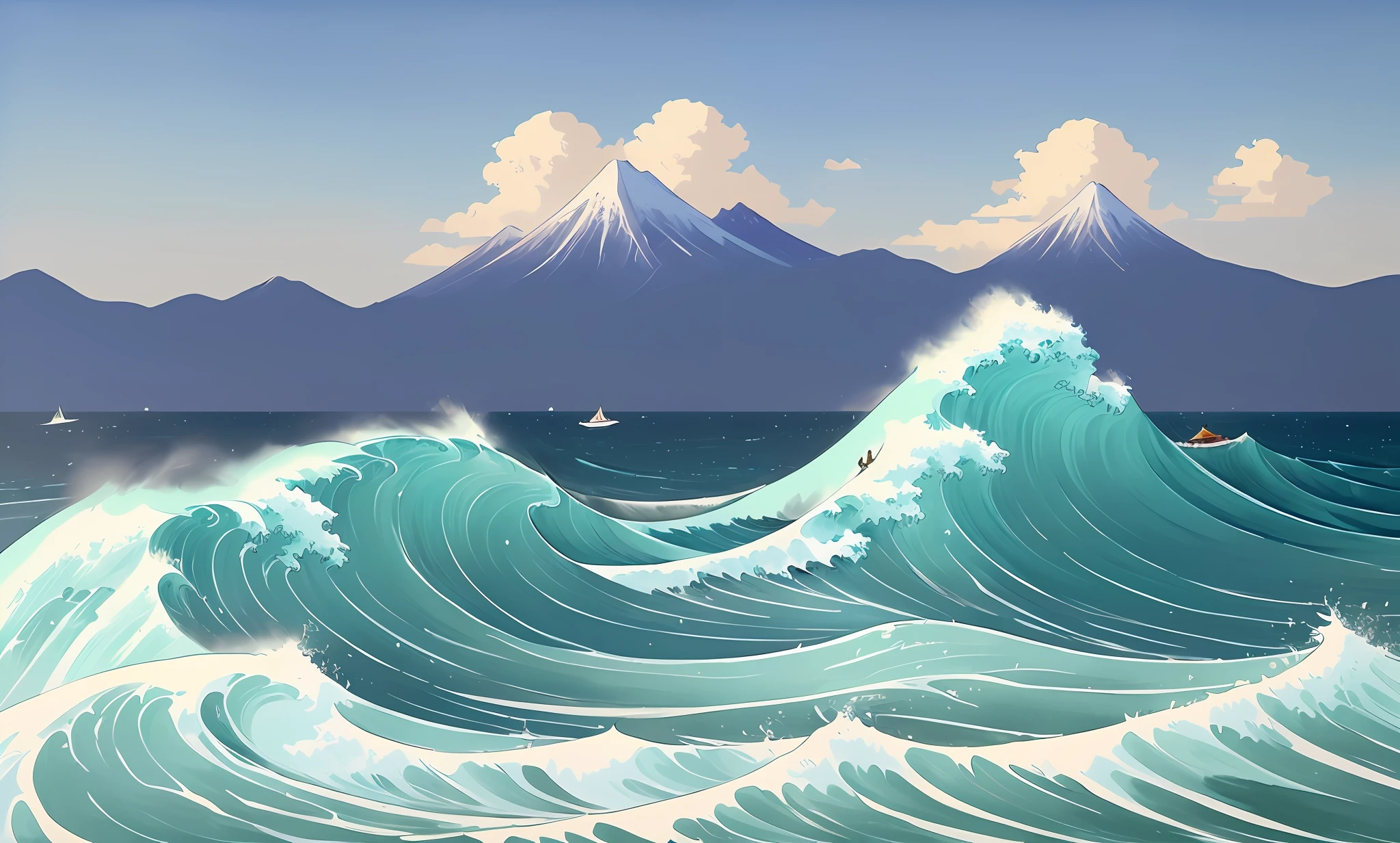 , portrait of a painting of a wave with a boat in the middle of it and a sky background with clouds and mountains, (The Great Wave off Kanagawa),
sakura blossom on background,
(Atey Ghailan, by Jeremy Mann, Greg Manchess, Antonio Moro), trending on ArtStation, trending on CGSociety, Intricate, High Detail,
Sharp focus, dramatic, photorealistic painting art by midjourney and ((greg rutkowski)), bokeh on background, by (Katsushika Hokusai)