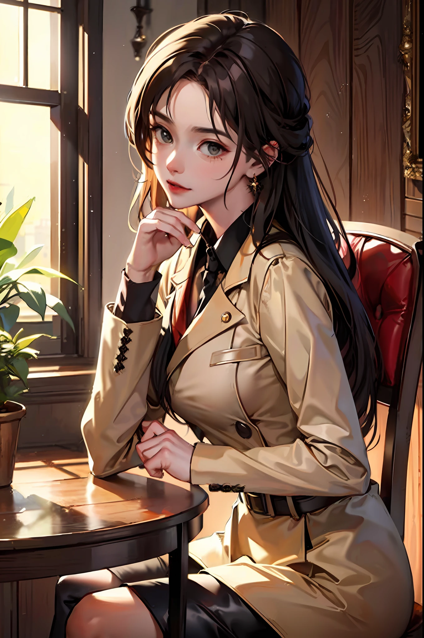 (Masterpiece, Best Quality: 1.4), (8K:1.3), Ultra Detailed, Highly Detailed, Extremely Detailed Light and Shadow, Tyndall Effect, Best Light, 1 Girl, Rin Higashisaka, Trench Coat, Double Tail, Shy Expression (Very Detailed Face: 1.2), Close-up, Earrings, Hall, Table, Kerosene Lamp, Sunlight Shining into the Room, Dust in the Sun, Leather Chair, Original Interior Decoration,