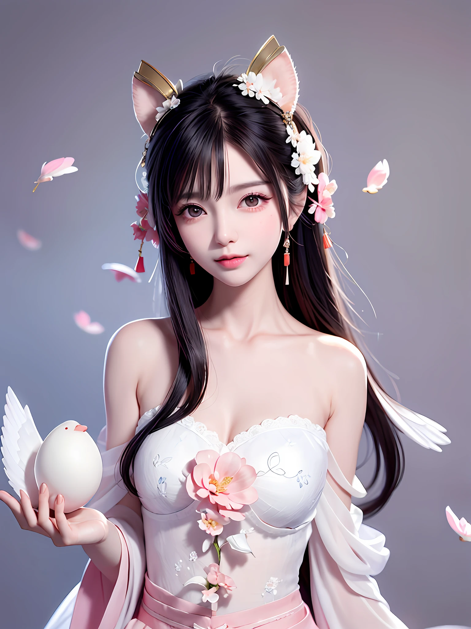 A gentle and lovely Chinese beautiful woman, delicate sexy collarbone, charming goose egg face, double eyelids, smart peach blossom eyes, pink lips, small upturned nose, bare shoulders, focused face, face close-up, ultra HD, super detail, full body photo, ultra-thin light transmission optimal ratio four fingers and one thumb, rabbit ears