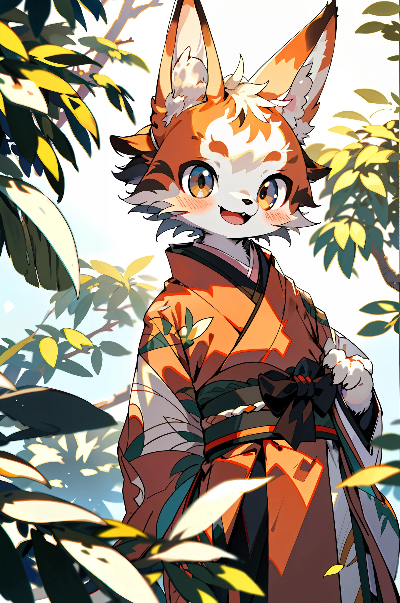 depth of field, perfect lighting, light particles,(best quality),(masterpiece),(ultra detailed),sharp focus,light particles,  niji, eyesgod,  blush, brown_eyes, looking_at_viewer, smile, solo, furry, animal_ear_fluff, open_clothes, arms behind back, upper body, tail, kimono, japanese clothes, sunlight, tree, open mouth,  from below, arms behind back,