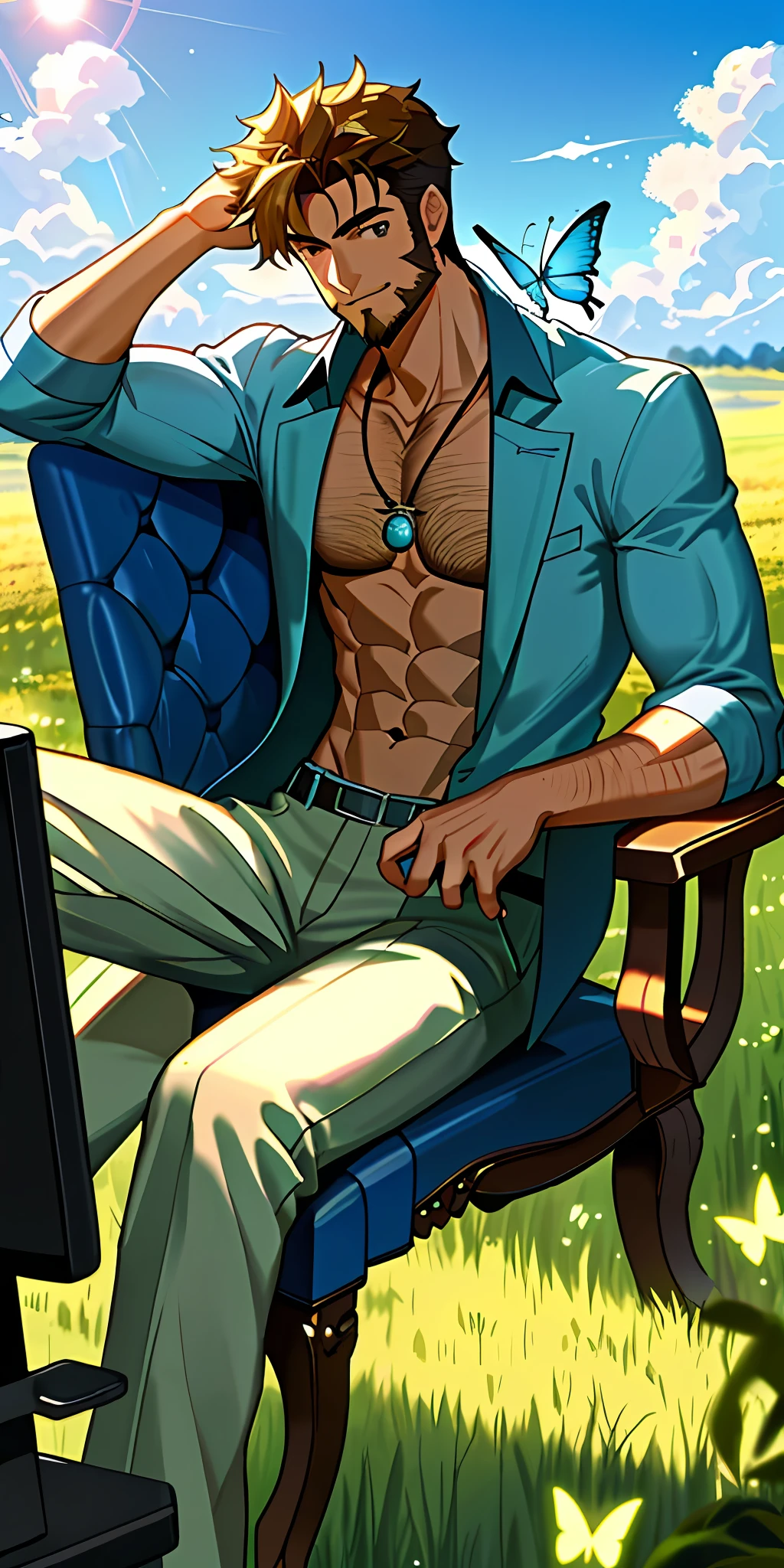 (masterpiece, best quality), 1boy, working on computer, in a field, sitting on chair, sun, clouds, blue sky, shirtless , visible chest and abs, muscular, butterflies passing by, stone pendant necklace, smart, sharp looks, chest hair, short beard, young, youthful, lively