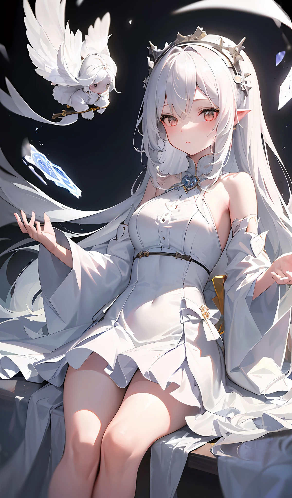 "((1 girl), (long white hair + silver hair: 1.2), (li + beautiful clothes), beautiful to perfection, white dress, pixiv goddess, seduction), (dynamic pose on table), (cute), (unknown background), high resolution."