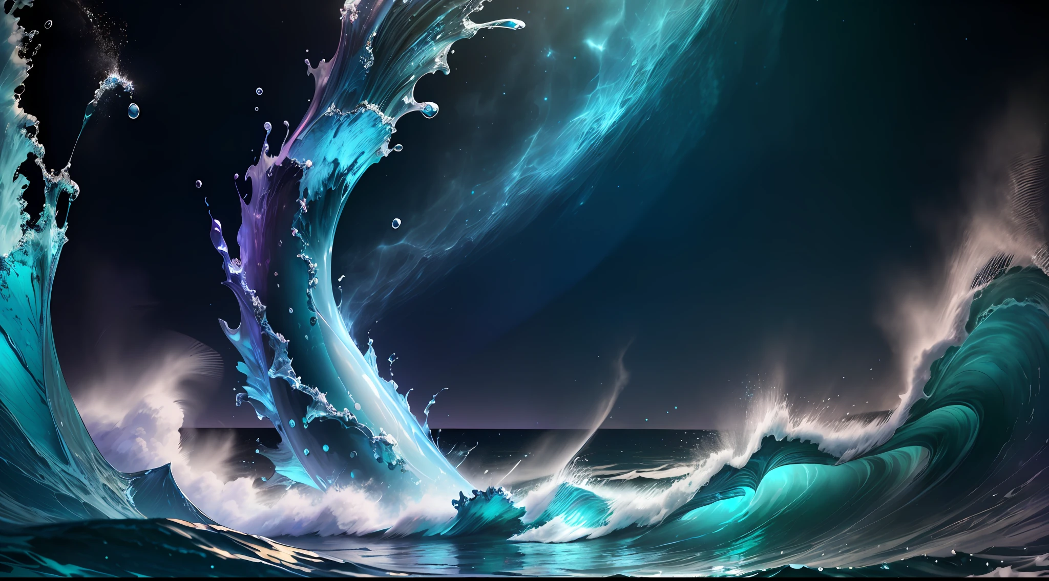 smooth rolling waves of (blue ocean) on earth, beautiful transparent water, night, gigantic fish jumps from the waves, blotches of irridescent plankton in water, glittering shiny water spray, background is deep purple sky dotted with stars, unknown constellations in the sky, (multiple moons of random colour:1.2), glowing horizon, masterpiece, best quality, detailed 4k wallpaper, award winning art, Bokeh, Depth of Field, HDR, bloom, Chromatic Aberration, extremely detailed, trending on artstation, trending on CGsociety, dramatic