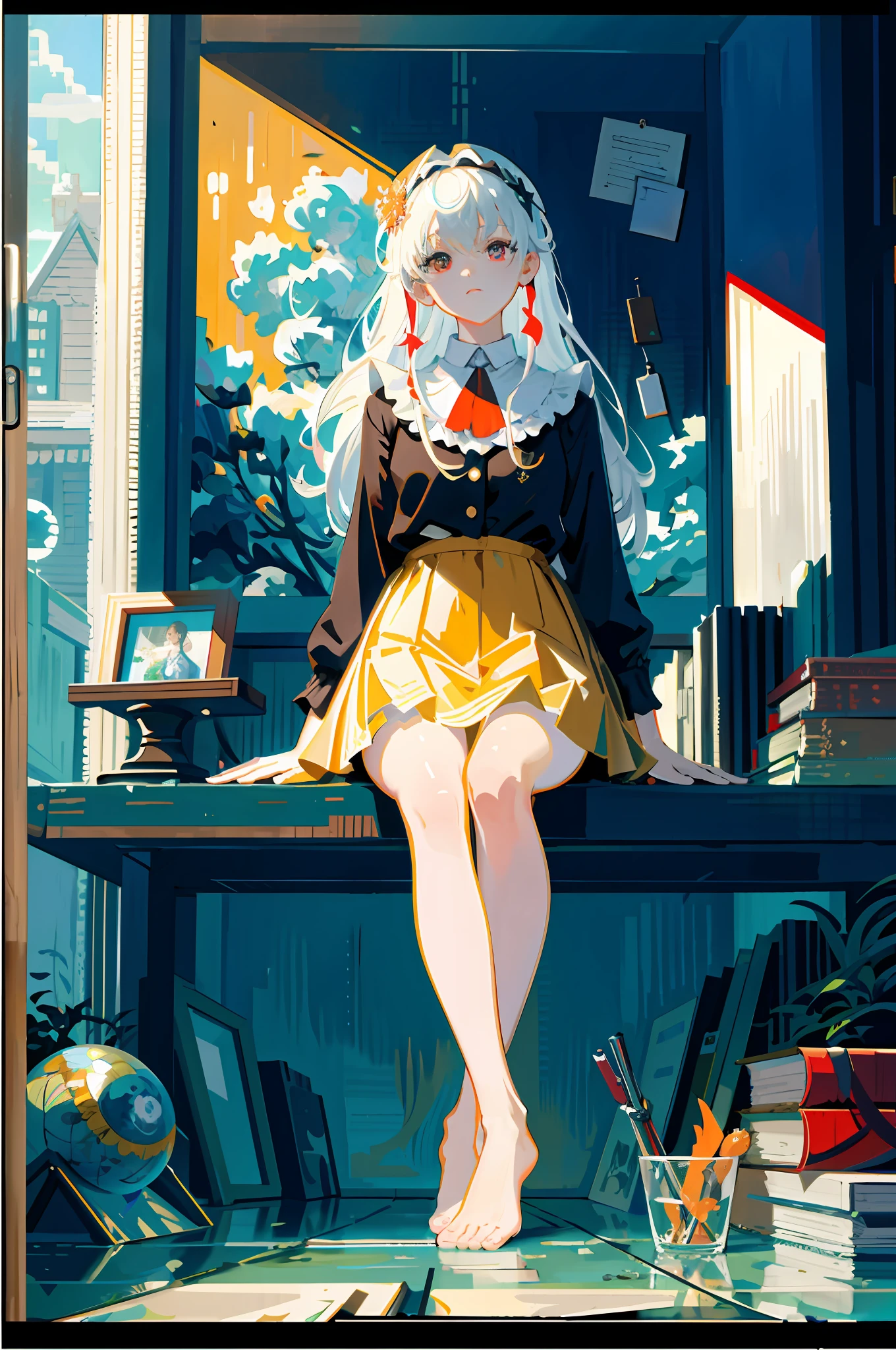 [(transparent background: 1.5)::5],(((masterpiece))),(((best quality))),(((extremely detailed))),illustration,1girl,solo,mysterious,vivid color,shiny ,Underwater transparent sealed hemispherical glass dome,white hair,red eyes,full body,bare feet,long hair,quiet nature,koi fish,underwater,dome,close-up,dynamic action,lens perspective,(((Box composition))),(((Box composition))), Sitting crossed - legs resting on a bookshelf, (arm + hand + 1 thumb + 4 fingers), (Impressionism: 1.4), Vincent van Gogh