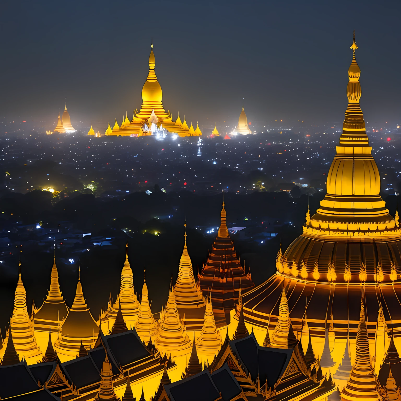 Night View of Yangon background with Shwedagon Pagoda In Myanmarr, Highest contrast, 8K reolsolutions, Highest Details, Colorfill, More detail