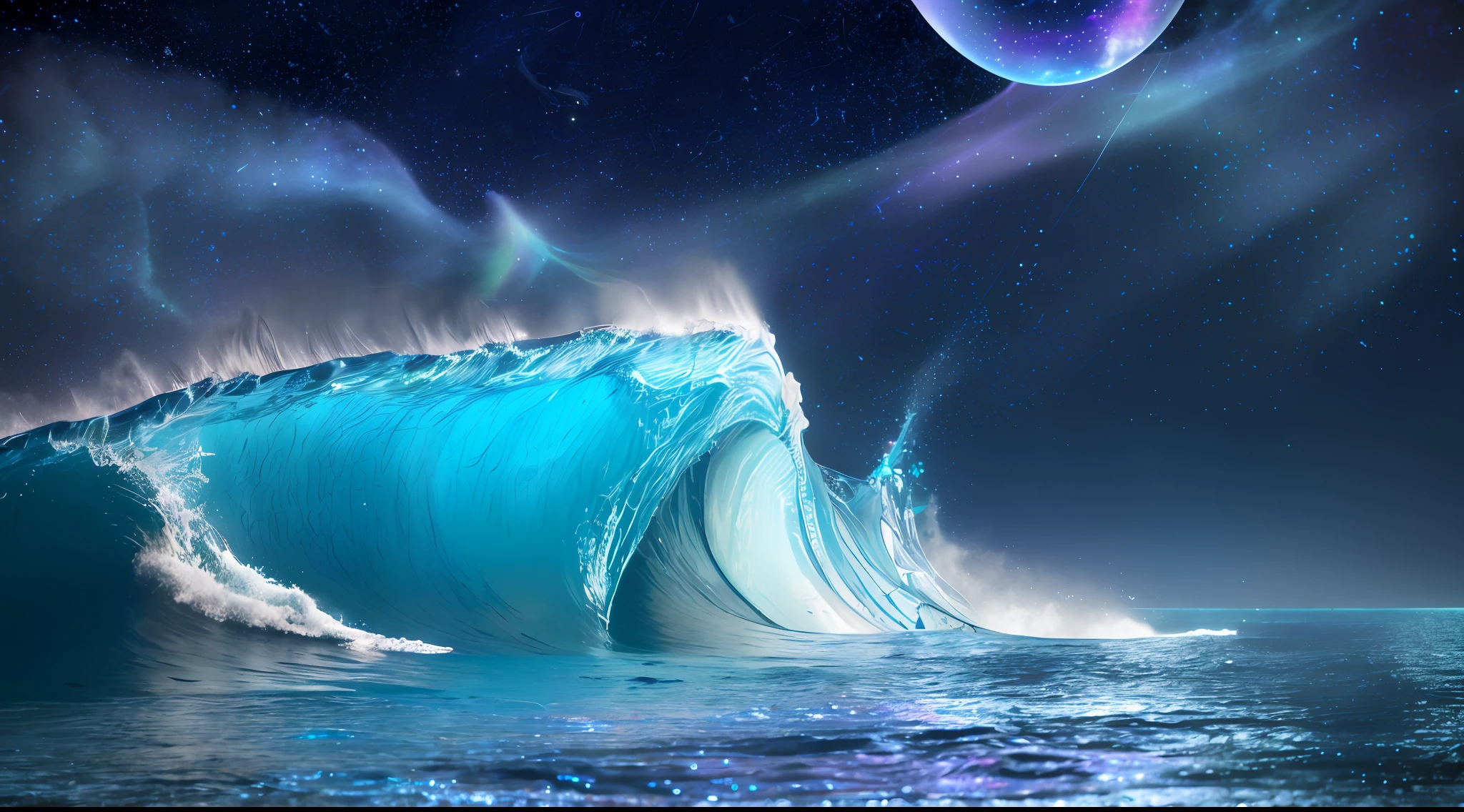 smooth rolling waves of (blue ocean) on earth, beautiful transparent water, night, gigantic fish jumps from the waves, blotches of irridescent plankton in water, glittering shiny water spray, background is deep purple sky dotted with stars, unknown constellations in the sky, (multiple moons of random colour:1.2), glowing horizon, masterpiece, best quality, detailed 4k wallpaper, award winning art, Bokeh, Depth of Field, HDR, bloom, Chromatic Aberration, extremely detailed, trending on artstation, trending on CGsociety, dramatic