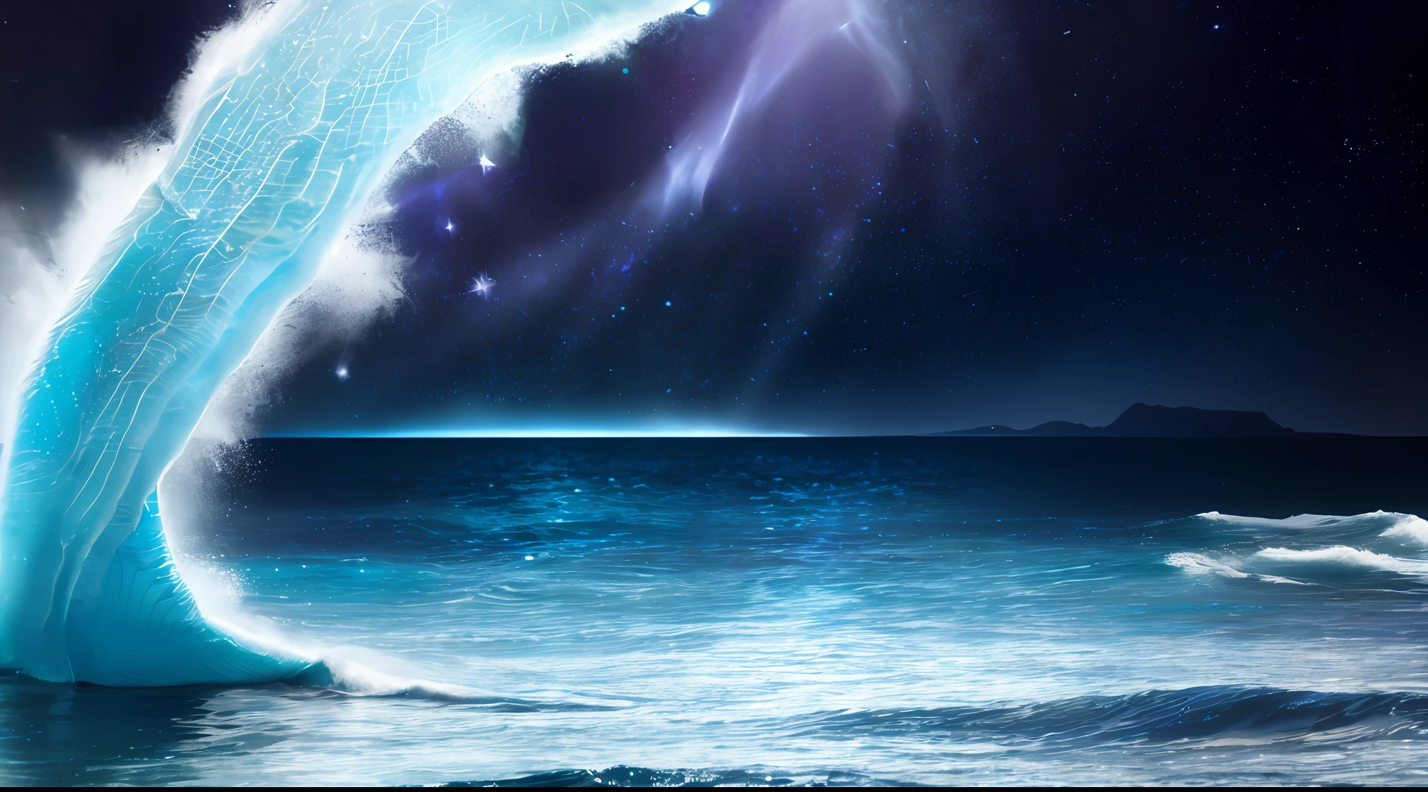 smooth rolling waves of (blue ocean) on earth, beautiful transparent water, night, gigantic fish jumps from the waves, blotches of irridescent plankton in water, glittering shiny water spray, background is deep purple sky dotted with stars, unknown constellations in the sky, (multiple moons of random colour:1.2), glowing horizon, masterpiece, best quality, detailed 4k wallpaper, award winning art, Bokeh, Depth of Field, HDR, bloom, Chromatic Aberration, extremely detailed, trending on artstation, trending on CGsociety, dramatic