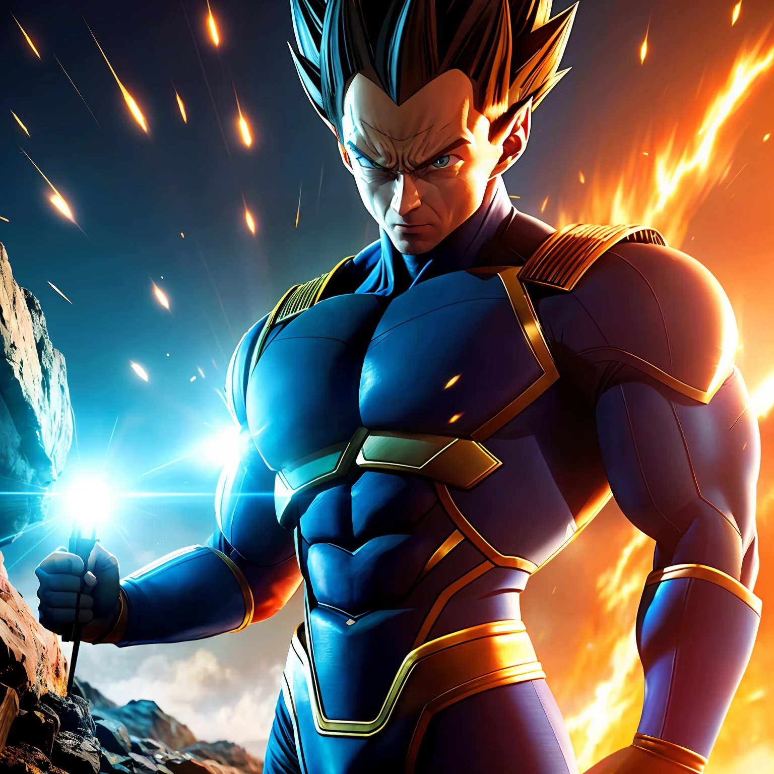 vegeta hugh jackman, 4k, masterpiece, highres, absurdres, natural volumetric lighting and best shadows, deep depth of field, sharp focus