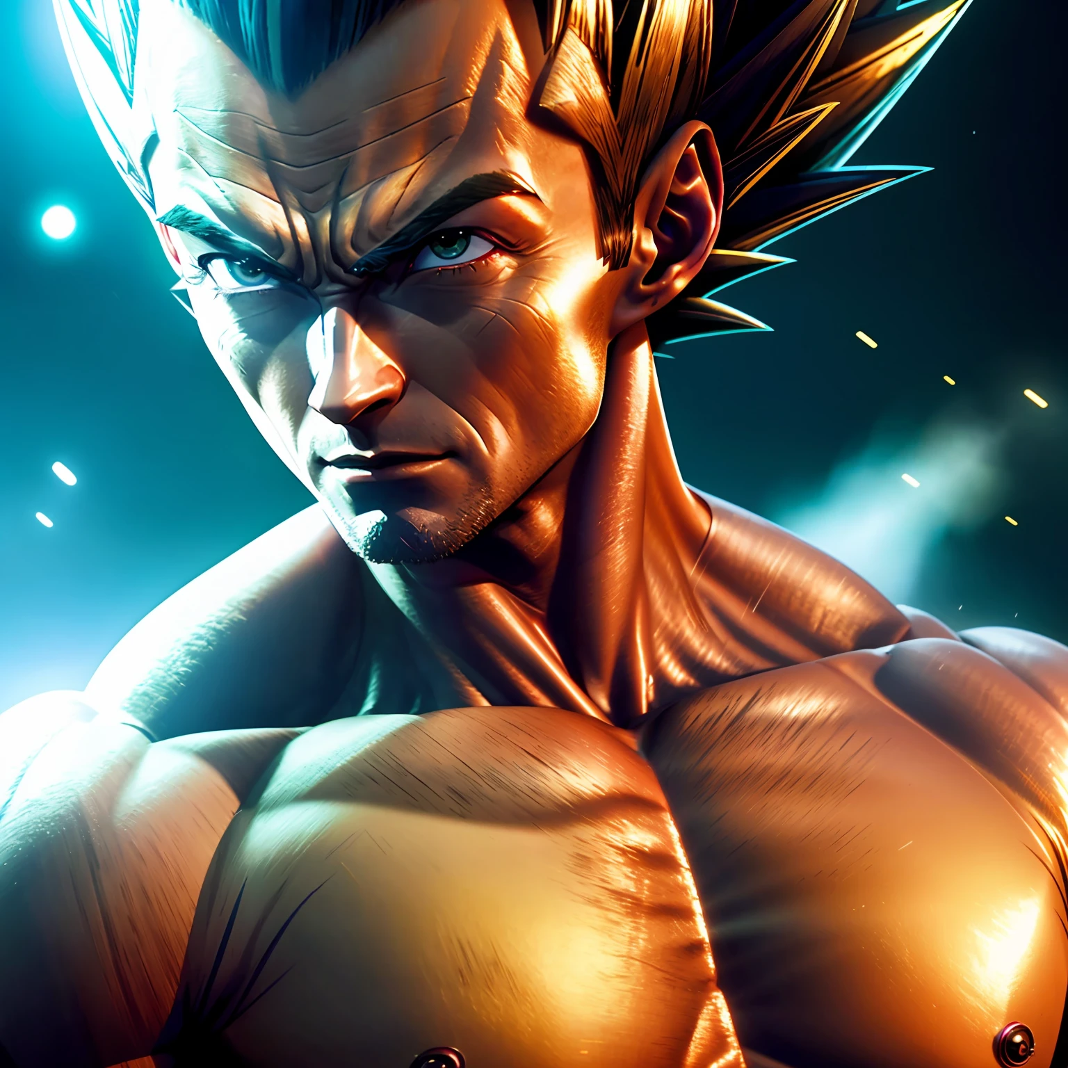 vegeta hugh jackman, 4k, masterpiece, highres, absurdres, natural volumetric lighting and best shadows, deep depth of field, sharp focus