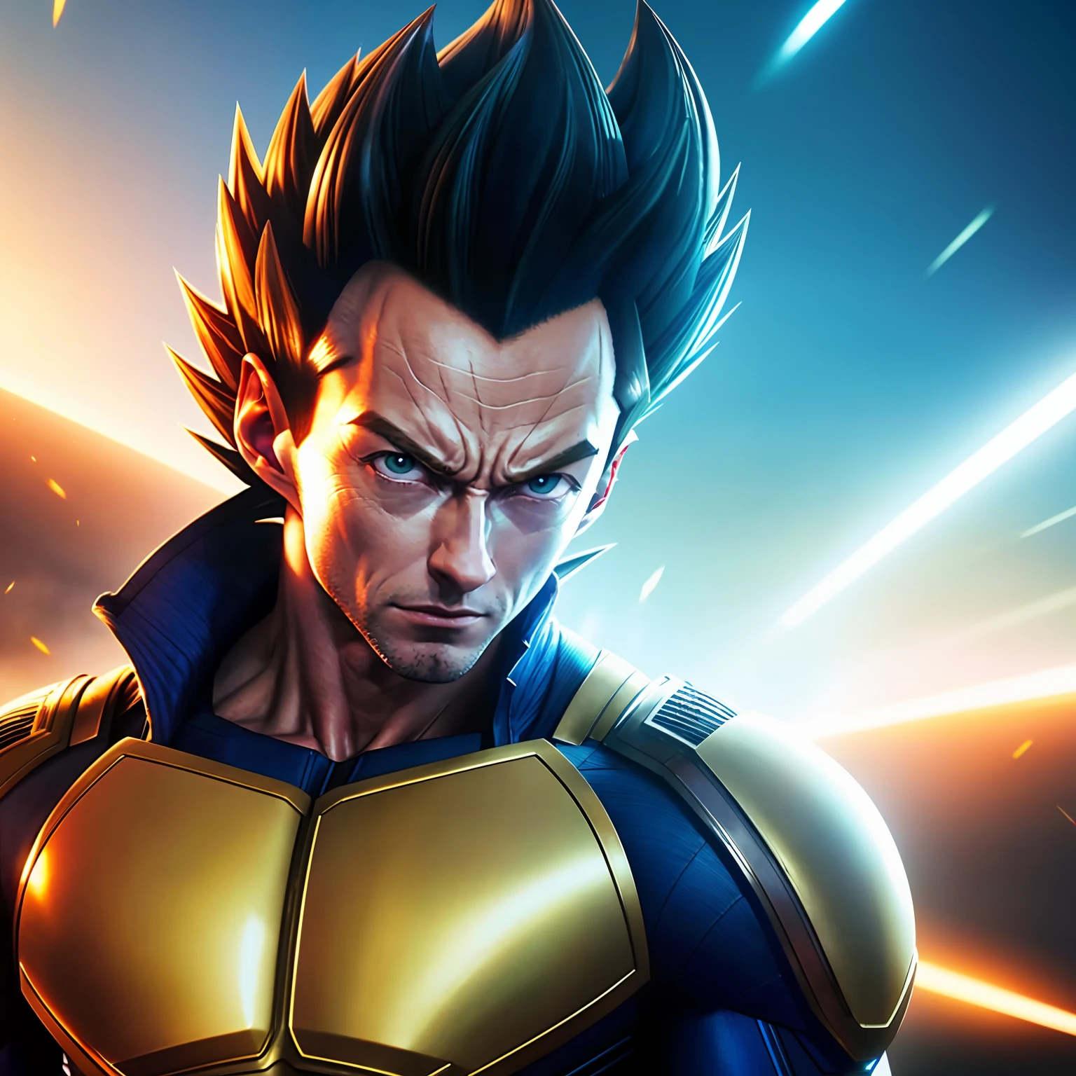vegeta hugh jackman, 4k, masterpiece, highres, absurdres, natural volumetric lighting and best shadows, deep depth of field, sharp focus