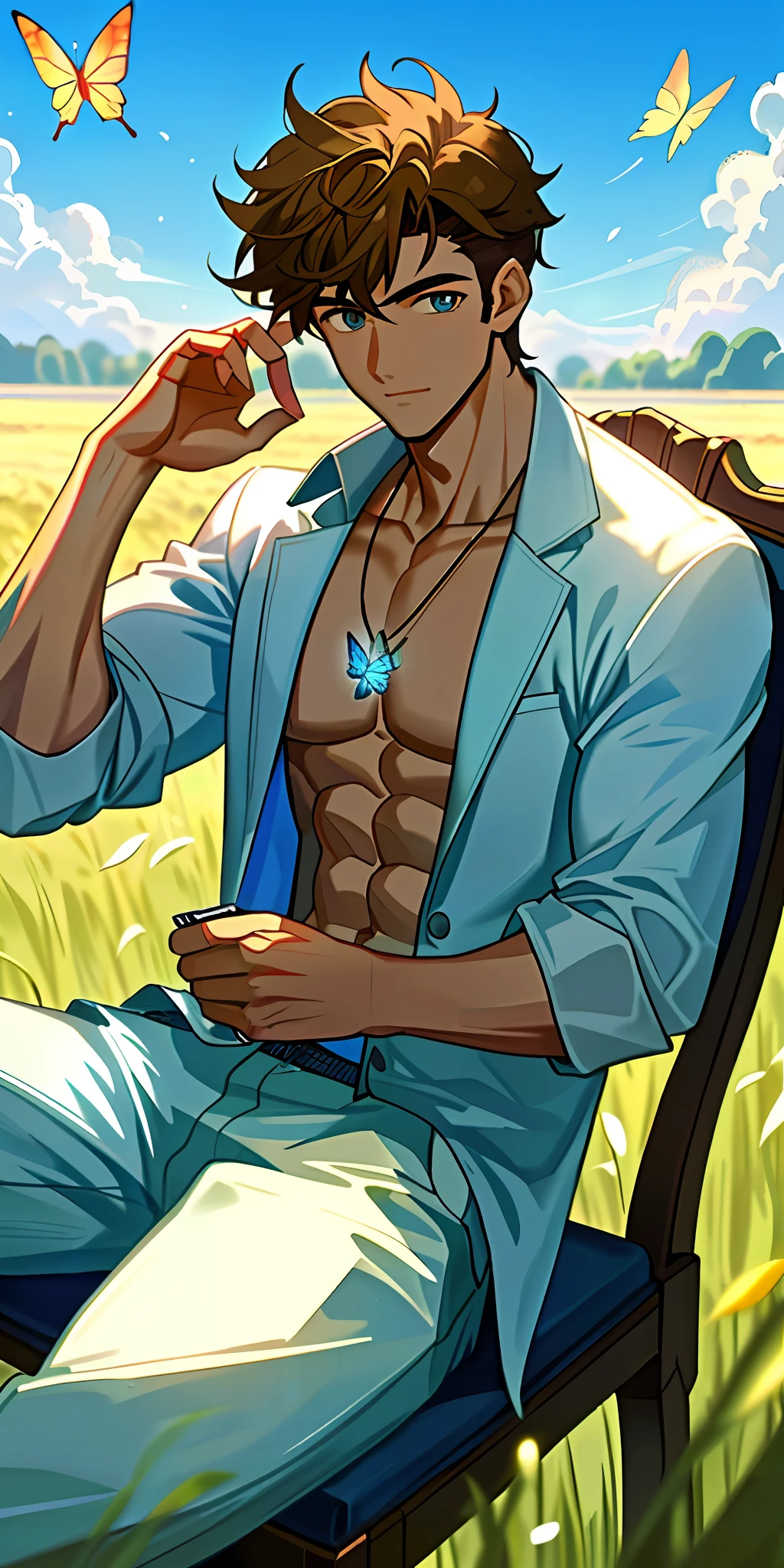 (masterpiece, best quality), 1boy, working on computer, in a field, sitting on chair, sun, clouds, blue sky, shirtless , visible chest and abs, muscular,  butterflies passing by, stone pendant necklace, smart, sharp looks, chest hair, young, youthful, lively, in underwear