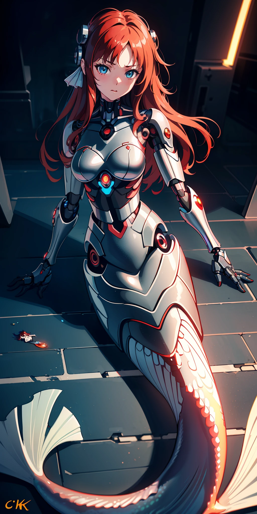 (extremely detailed CG unity 8k wallpaper), (finely detailed beautiful eyes: 1.2), (1 girl), (mermaid cyborg:1.3), (cybernetic black tail), (long crimson hair:1.2), embarrassed, (anime:1.2), Futurism, depth of field, (masterpiece:1.2), (best quality), 4K, high details