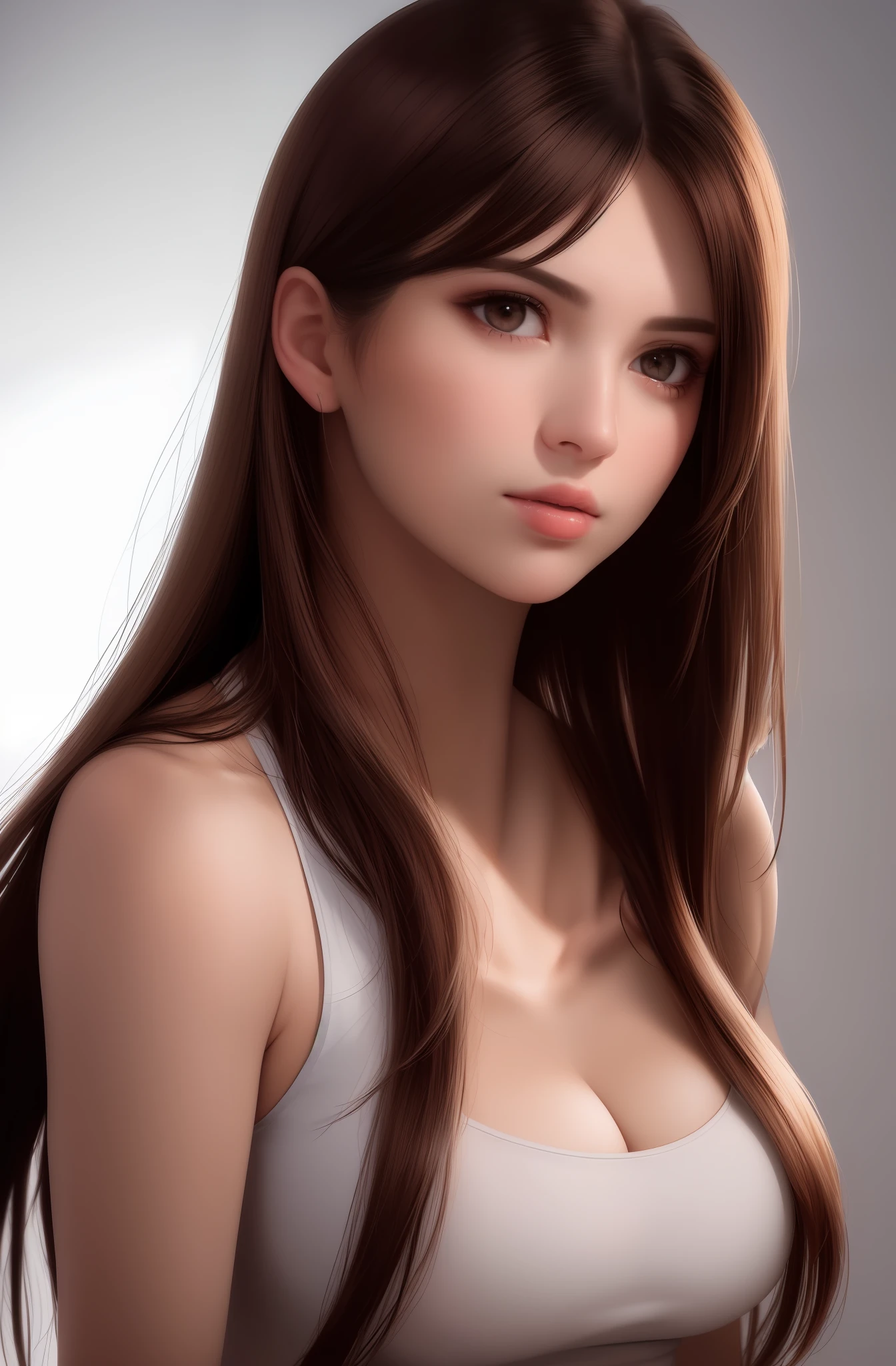 Top Quality, Photorealistic, 8K, High Definition, 1 Girl, Woman, (Skindentation), (Portrait: 0.6), Gorgeous, (White background: 1.82)), ((Big Size Round Breasts, Sleeveless White T-Shirt: 1.75)), Look Straight Viewer: 1.8, (1 Girl Eyes, Medium Length Hair, Brown Hair, Parted Bangs : 1.65), Photorealistic, (Bokeh), (Mouth Closed: 1.46), Gorgeous, pureerosface_v1,