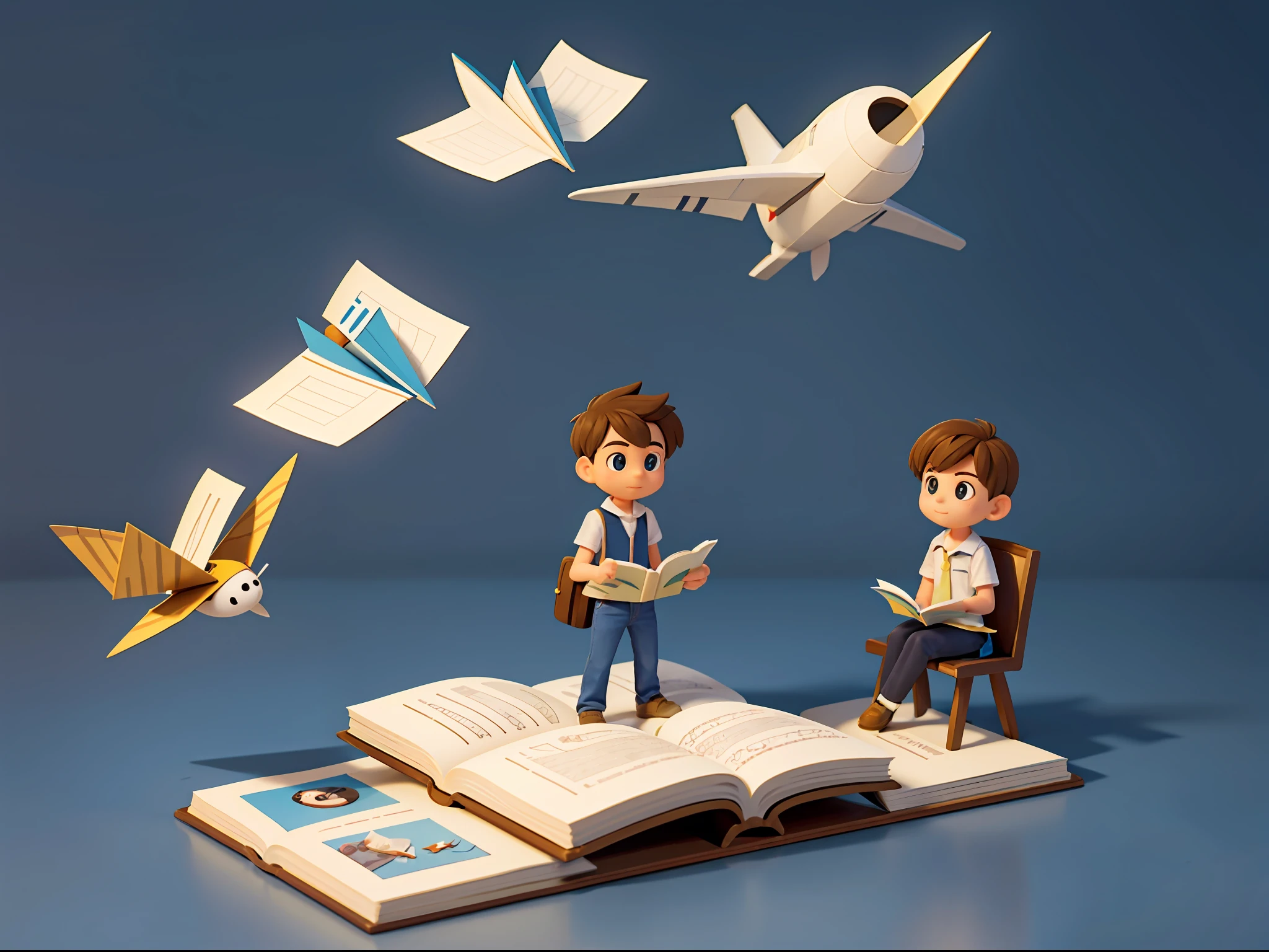Three students, huge books, one person sitting on a book two people standing on a book, paper airplanes, simple backgrounds, illustrations, masterpieces, the best quality,
