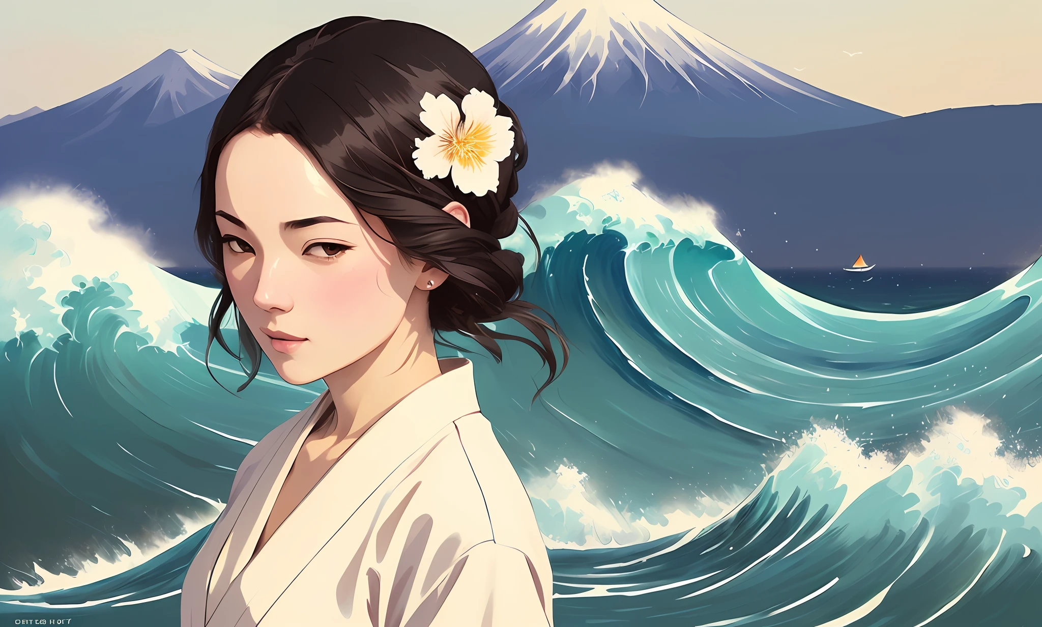 , portrait of a   painting of a wave  and a sky background with clouds and mountains, (The Great Wave off Kanagawa),
 sakura blossom on background,
(Atey Ghailan, by Jeremy Mann, Greg Manchess, Antonio Moro), trending on ArtStation, trending on CGSociety, Intricate, High Detail,
 Sharp focus, dramatic, photorealistic painting art by midjourney and ((greg rutkowski)), bokeh on background, by (Katsushika Hokusai)