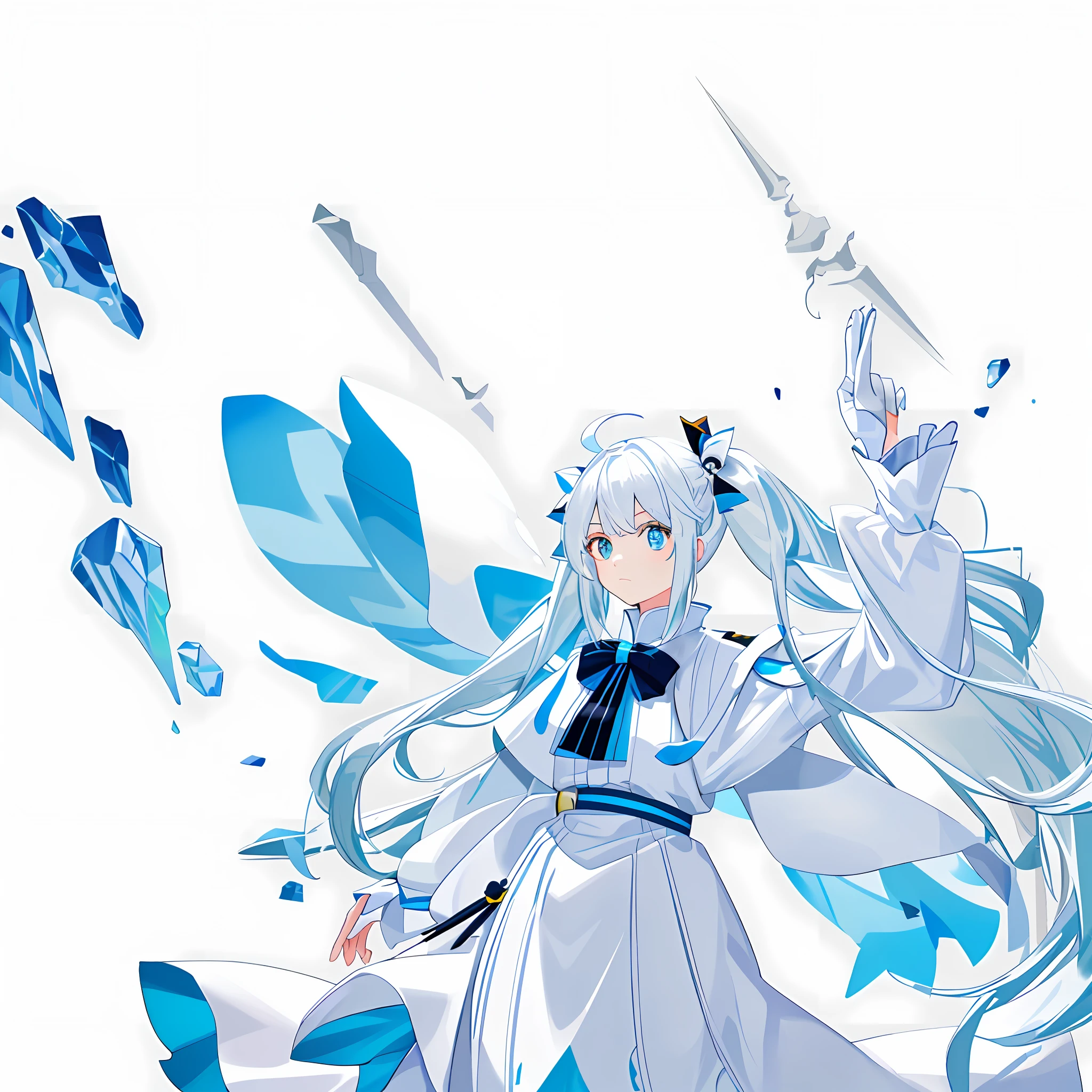 (best quality, masterpiece), 1girl, (female focus), ahoge, white blue hair, ((white shirt), (overfit shrit)), long hair, standing, twintails, [[mild heterochromia]], white background