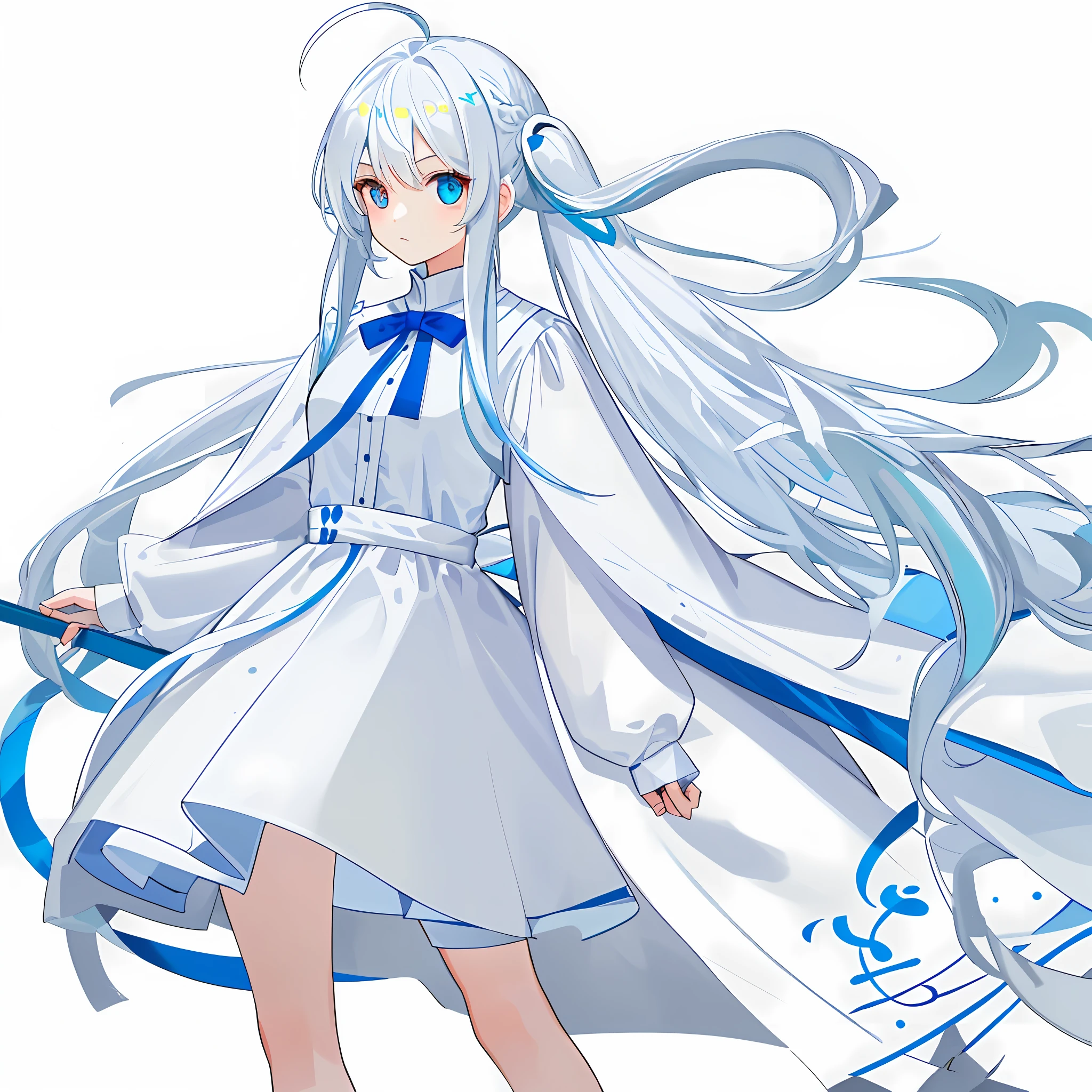 (best quality, masterpiece), 1girl, (female focus), ahoge, white blue hair, ((white shirt), (overfit shrit)), long hair, standing, twintails, [[mild heterochromia]], white background