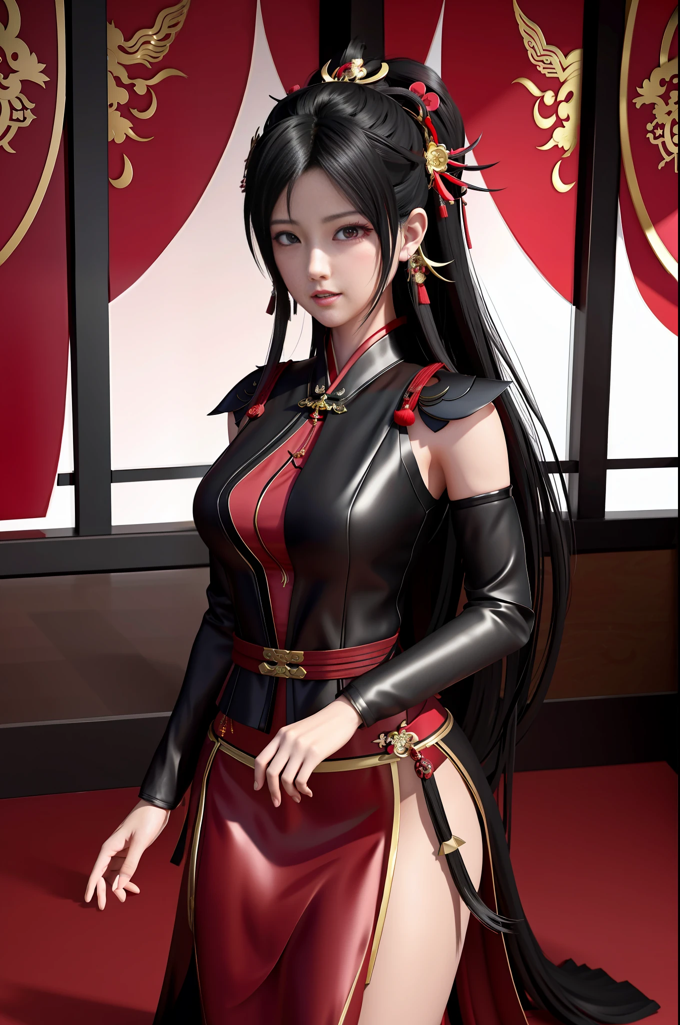 sexy asian woman in a black and red outfit posing for a picture, japanese goddess, seductive anime girl, seductive tifa lockhart portrait, tifa lockhart, tifa, beautiful alluring anime woman, anime goddess, a beautiful fantasy empress, photorealistic perfect body, trending on cgstation, full body xianxia, photorealistic anime girl render, sexy pose