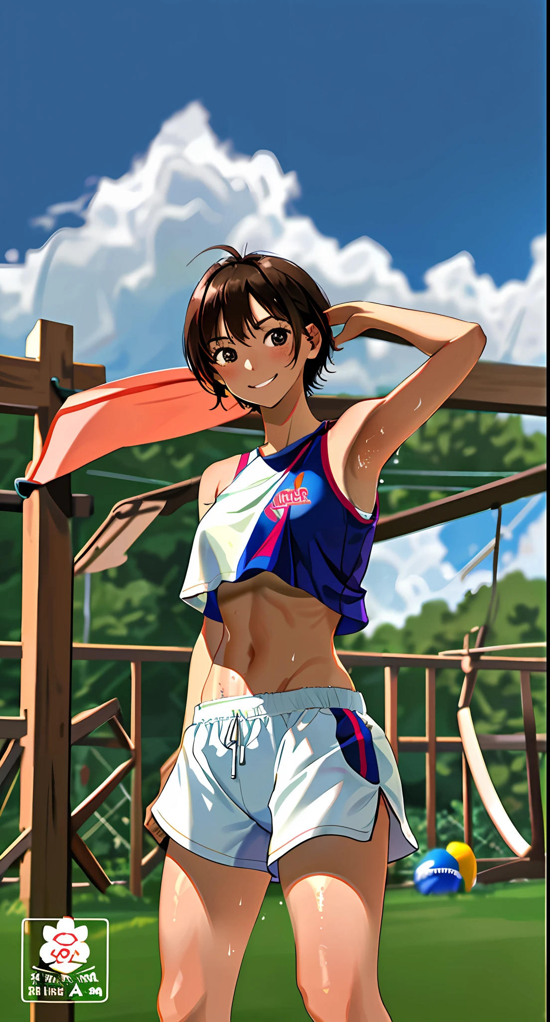 masterpiece, high definition, high resolution, 4k, healthy woman, 22 years old, short cut, embarrassed, blush, squint and healthy smile, viewer's gaze, armpit sweat, sweaty skin, sweaty running shirt, navel, split abs, logo, suburban park, sunshine, shadow, drinking sports drink, ((glistening sweat)), perspective