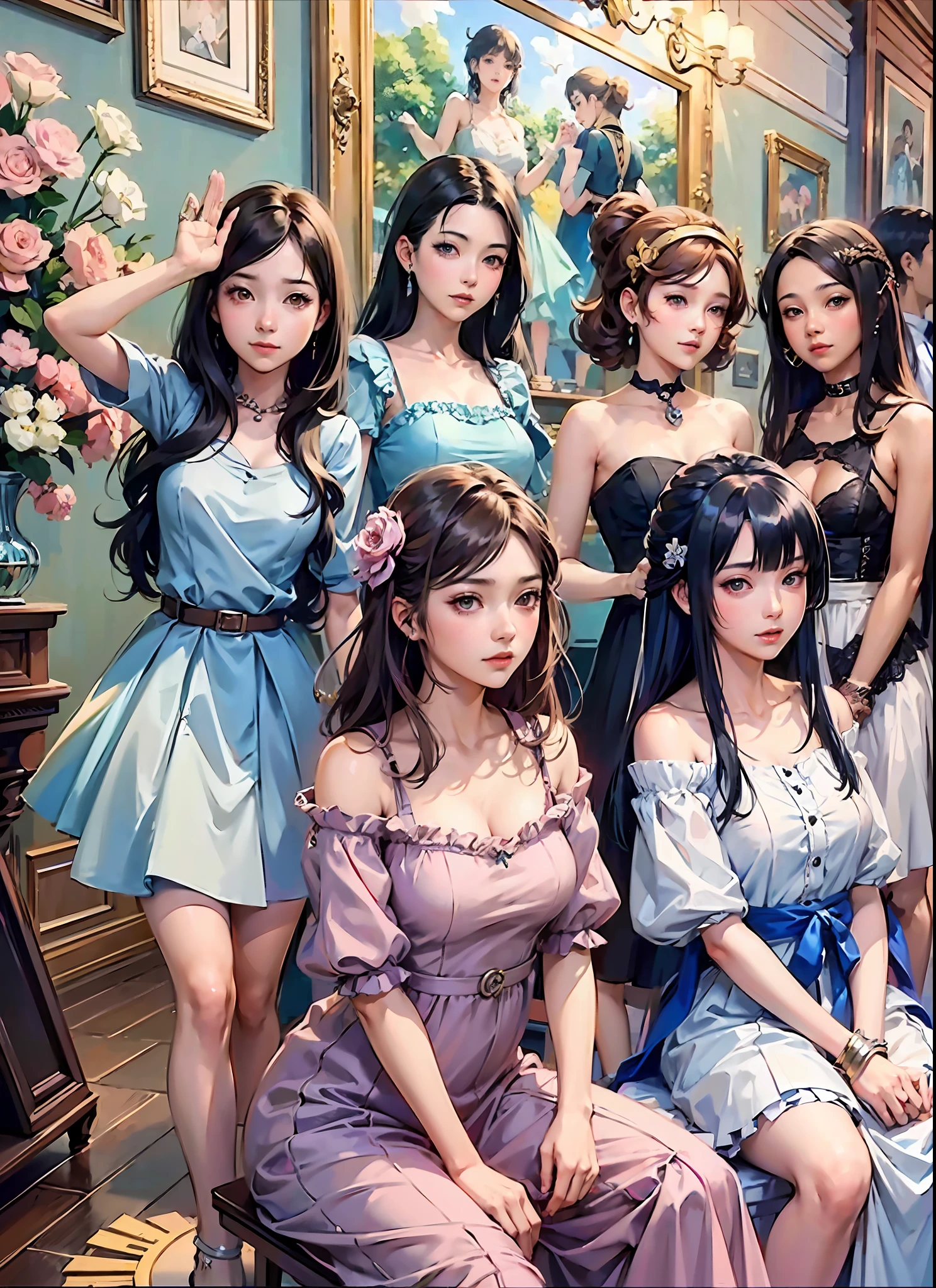 anime girls in dresses posing for a picture in a room, beautiful anime art style, official artwork, kawacy, official fanart, high detailed official artwork, artgerm and atey ghailan, anime art style, digital anime illustration, style artgerm, cute art style, anime style artwork, style of artgerm, anime girls, anime styled digital art