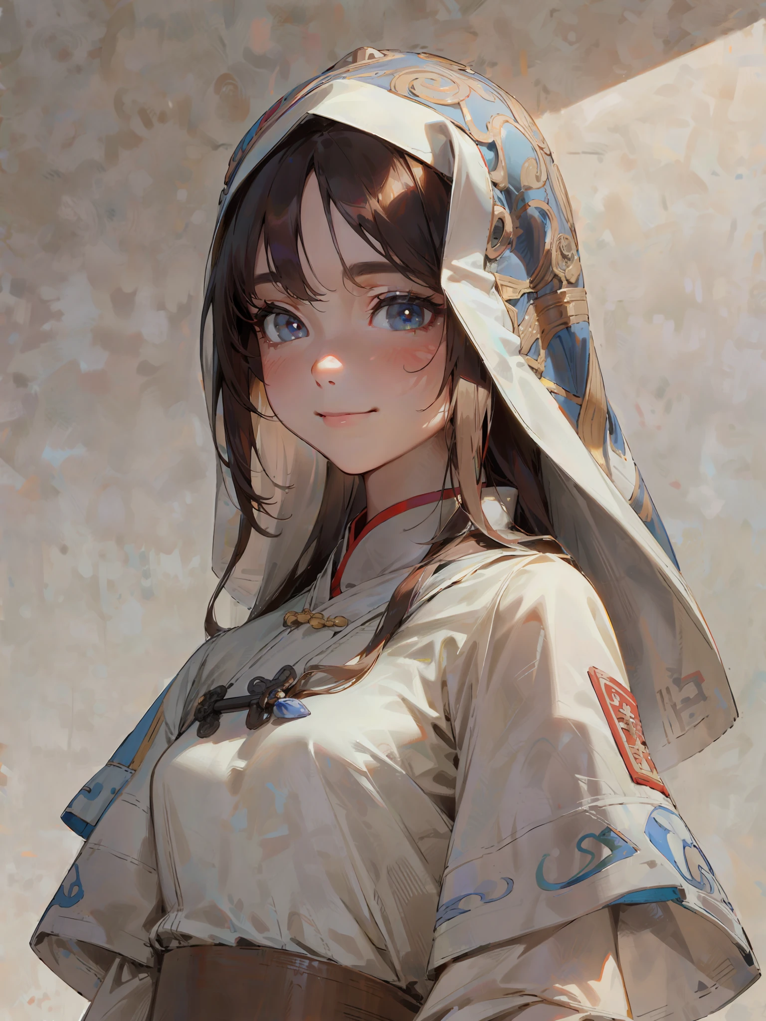8k, Best Quality, Masterpiece: 1.2), (Realistic, Realistic: 1.2), 1girl, Cute, Dating, (smile: 0.9), (Shut up) Small breasts, Beautiful and delicate eyes, (han, Han Dynasty, nun dress: 1.4), Full body, (Solo: 1.8), (Looking at the audience: 1.3), moist, simple background (aging: 1.4), 4k, pretty detailed girl, very detailed eyes and face, beautiful detailed eyes, [high resolution], Meticulous skin, highest quality, highest resolution, light on face, realistic shadows