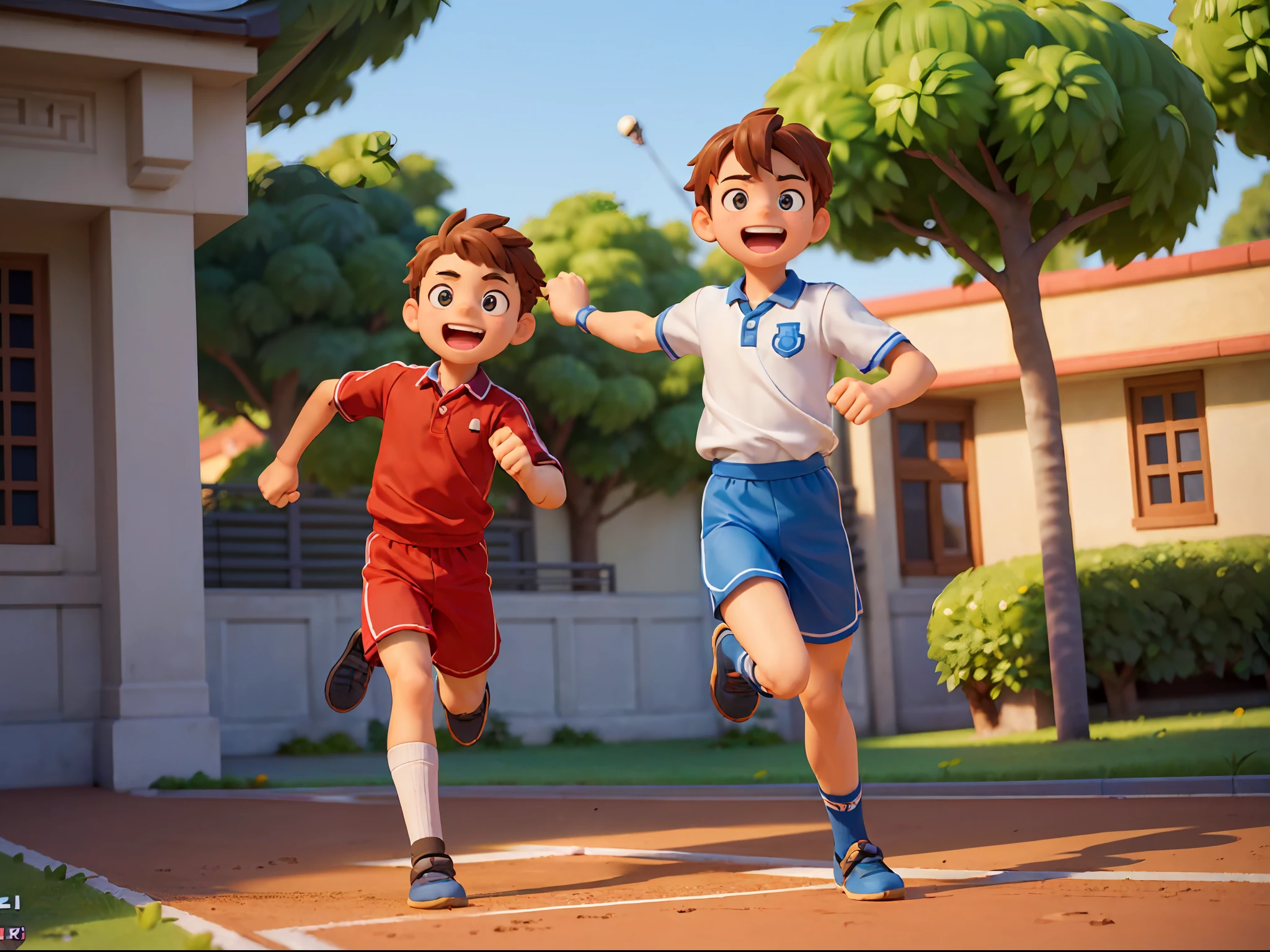 A boy (character in the picture ratio 1:2), red baton, school uniform, school playground, running track, crossing the finish line, victory, joy, joy, perfect quality, clear focus, (Masterpiece: 1.2) (Realistic: 1.2) (Bokeh) (Best quality) (Detailed skin: 1.3) (Intricate details) (8K) (Detail Eyes) (Sharp Focus), (Happy)