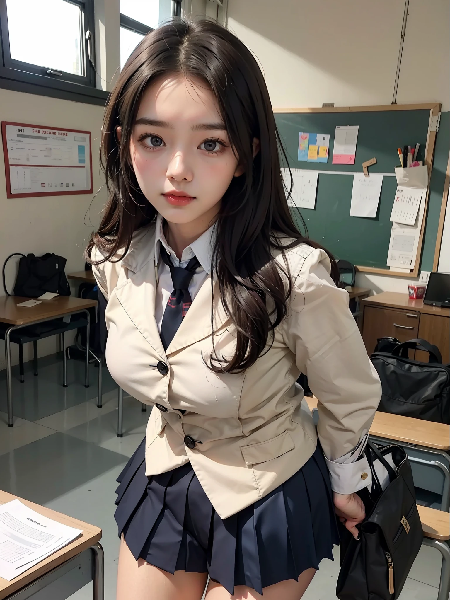 Single girl, cute, double eyes sharp, high school girl, D cup, uniform, model shoot, shortcut, classroom