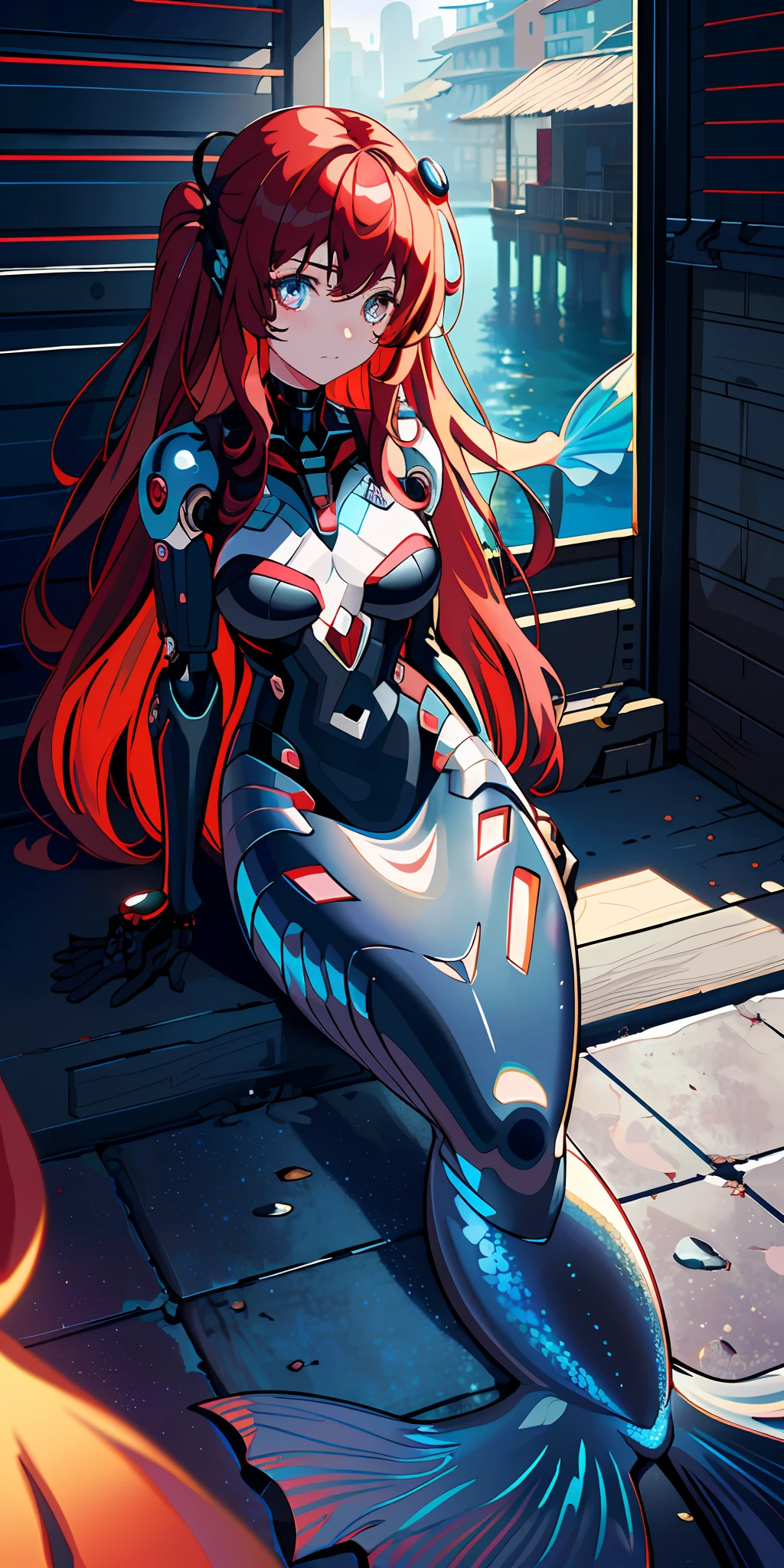 (extremely detailed CG unity 8k wallpaper), (finely detailed beautiful eyes: 1.2), (1 girl), (mermaid cyborg), (cybernetic black tail), (long crimson hair:1.2), embarrassed, (anime:1.2), Futurism, depth of field, (masterpiece:1.2), (best quality), 4K, high details
