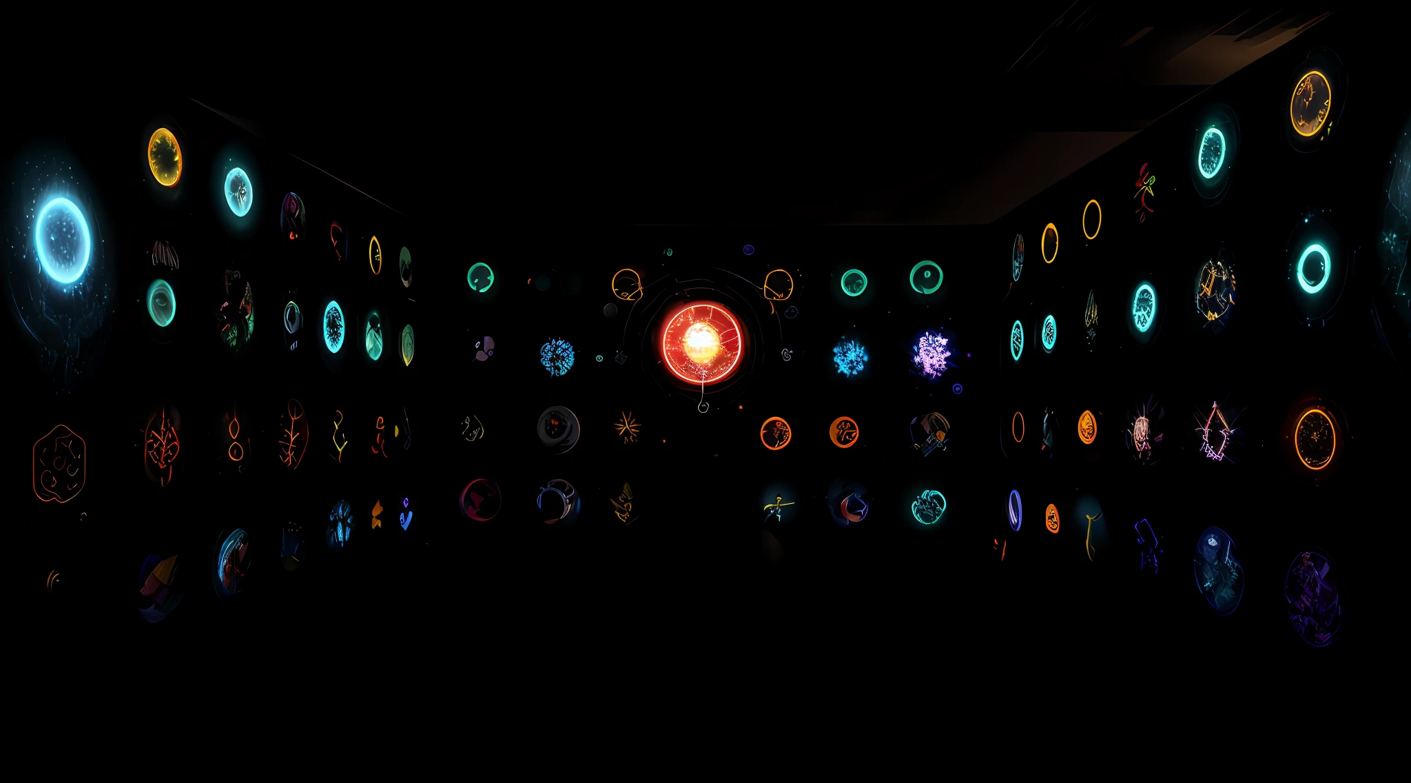 A dimly lit room with glowing circle walls, network installations, interactive art, various images of Chinese gods and mythical beasts, projection design installations, bioluminescent hypercubes, holographic runes, holographic krypton ions, infinite quantum portal, flux, three-point illumination Björk, aperture science test room. Viewers touch the wall to interact