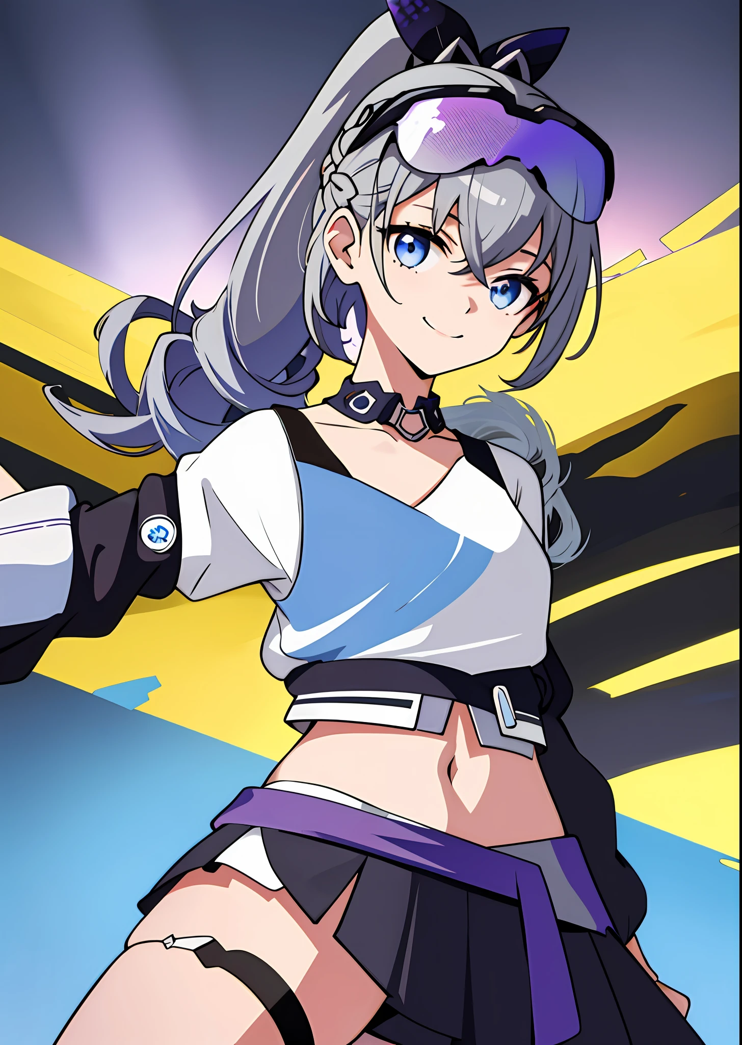 ((masterpiece)), super high quality, curly high ponytail girl, gray hair, blue-purple gradient ski goggles, functional wind, petite figure, toothless smile, moderate chest, white sweatshirt, black short skirt, dynamic pose, golden section, lens highlights focus, large aperture, side light effect, solid color background, clear details, bright tones, very impactful picture, clear brush, half body, rich details, vivid eyes, picture coordination.