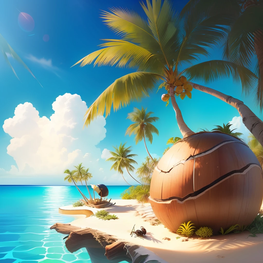 single palm tree with coconuts on a small island+ person sized ant lounging at base of palm tree wearing sunglasses