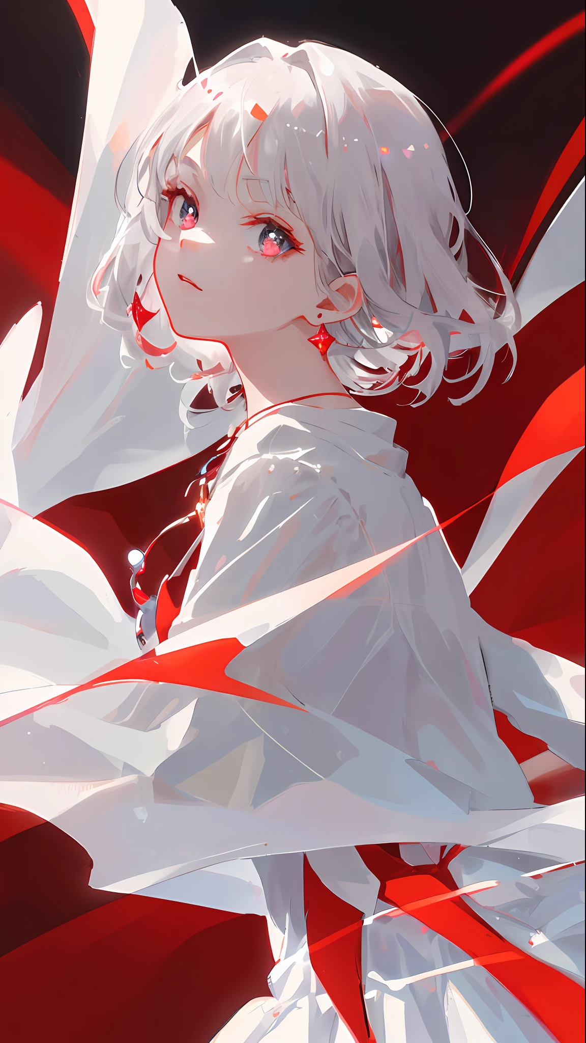 Masterpiece, Best Quality, Illustration, Side Shot, Crimson, Platinum Earrings, Platinum Necklace, White Dress, 1girl, Cute, (Dynamic Light: 1.3), Cinematic Light Effects, Delicate Facial Features, Detailed Eyes, Sharp Pupils, Realistic Pupils, Deep Field of View, Bokeh, Clear Focus, (Ultra Detailed, Bloom, Glow: 1.5), Small Gems